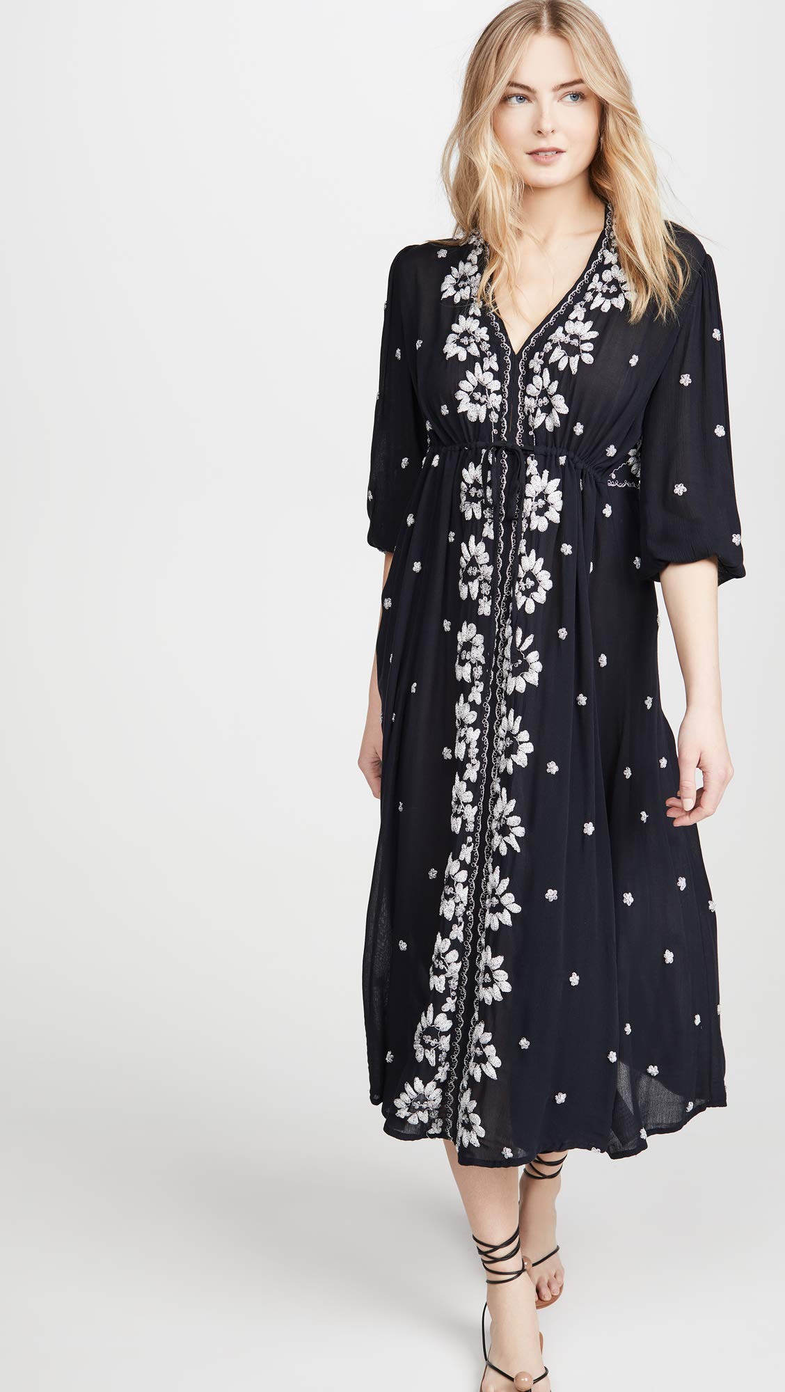 Free People Women's Embroidered V-Neck Maxi Dress - Boho Floral Summer Beach Dress for Vacations, Weddings & Outdoor Parties
