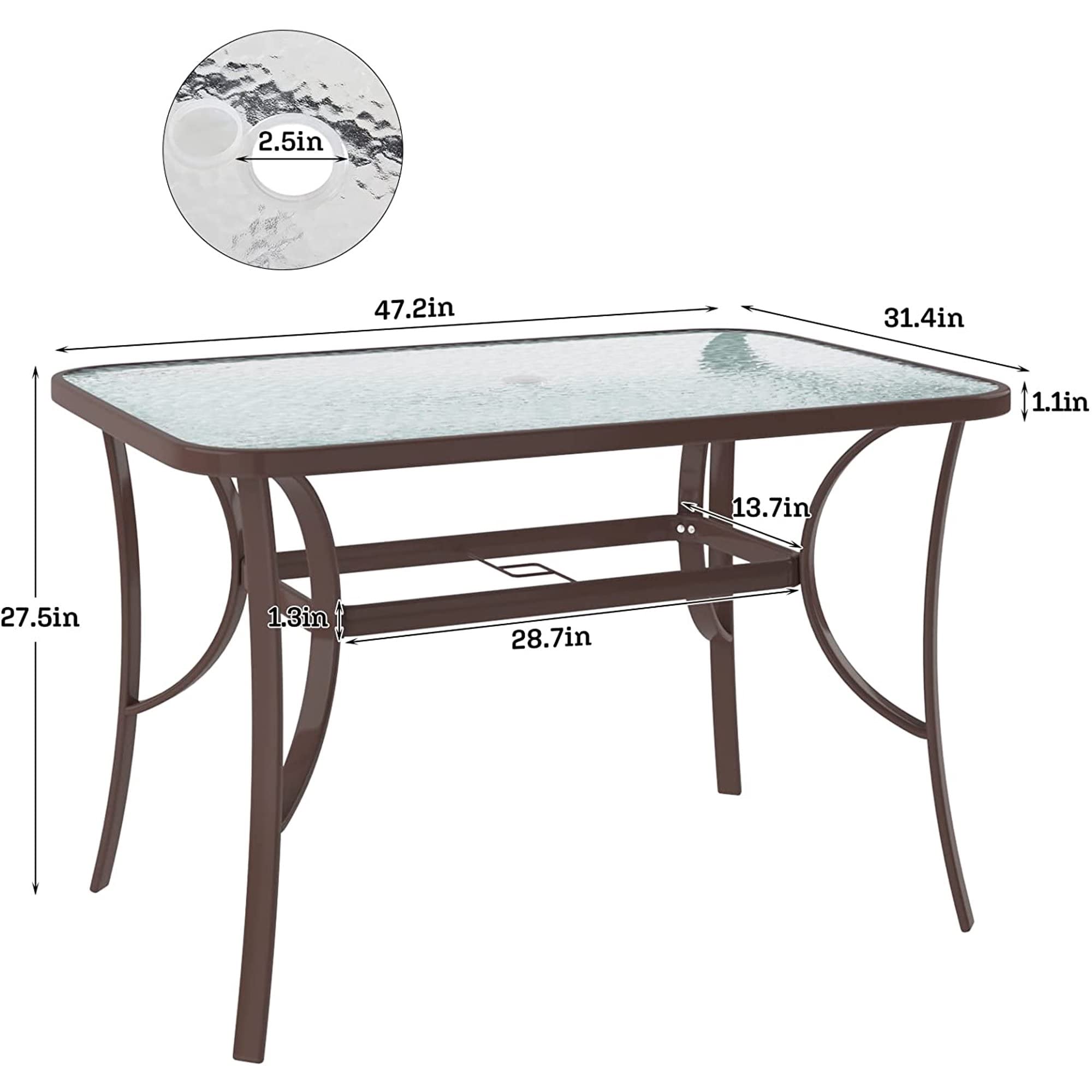 SogesPower 47 Inch Outdoor Tempered Glass Patio Dining Table with Umbrella Hole - Weather-Resistant Steel Frame in Elegant Brown - Perfect for Backyard, Garden, Poolside & Outdoor Entertaining