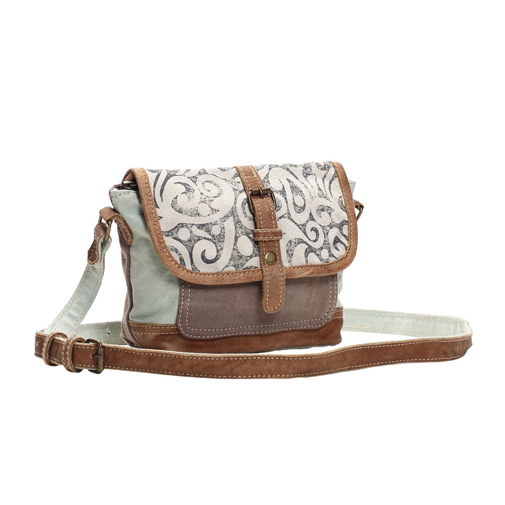 Myra Leaf Swirl Crossbody Bag - Upcycled Canvas, Brown | Perfect for Casual Outings & Travel