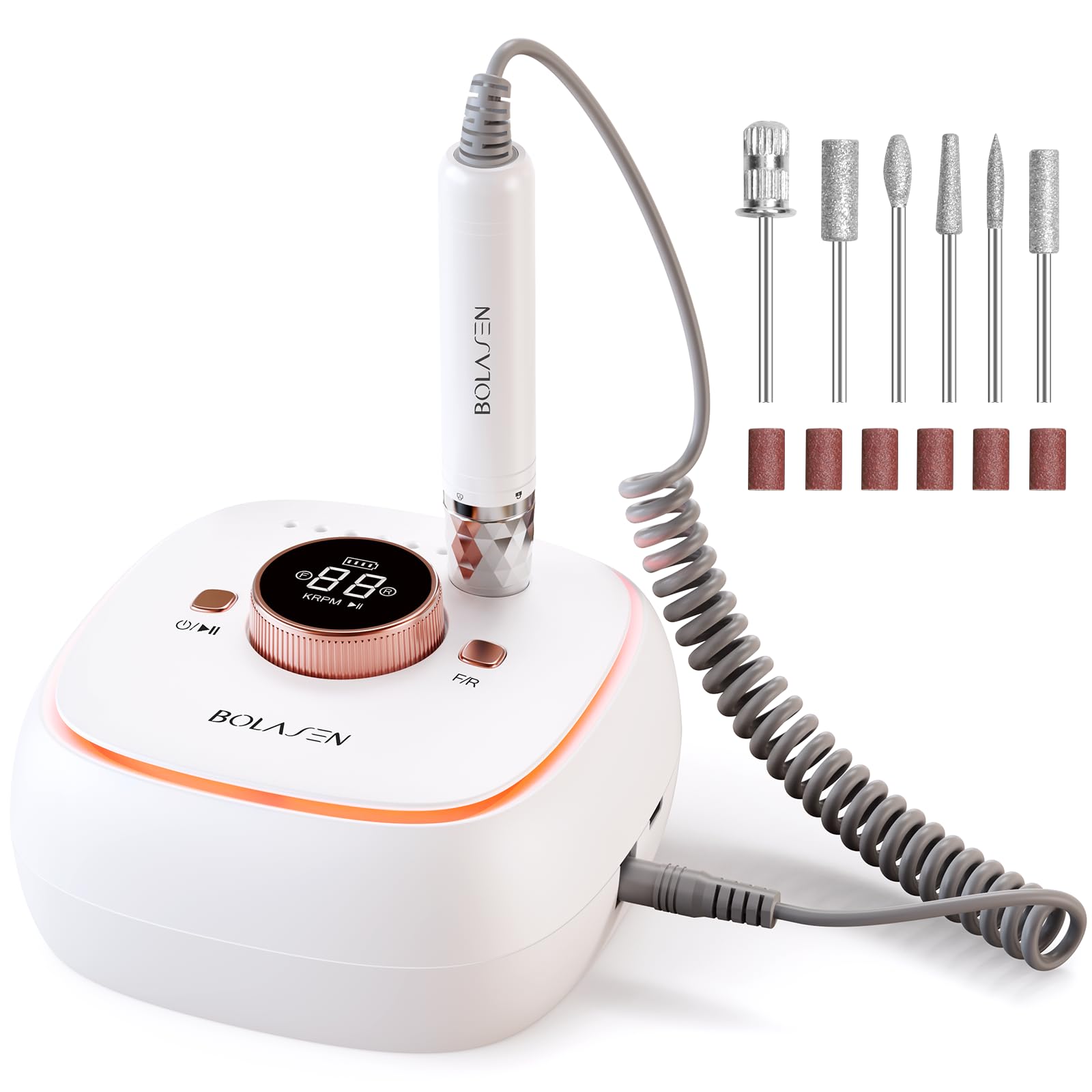 BOLASEN 40000RPM Professional Brushless Nail Drill - 7800mAh Rechargeable Cordless Electric Nail File for Acrylic & Gel Nails | Fast Nail Removal, Auto Start-Stop | Perfect for Salon, Home & DIY Manicure | HaloDrill 10