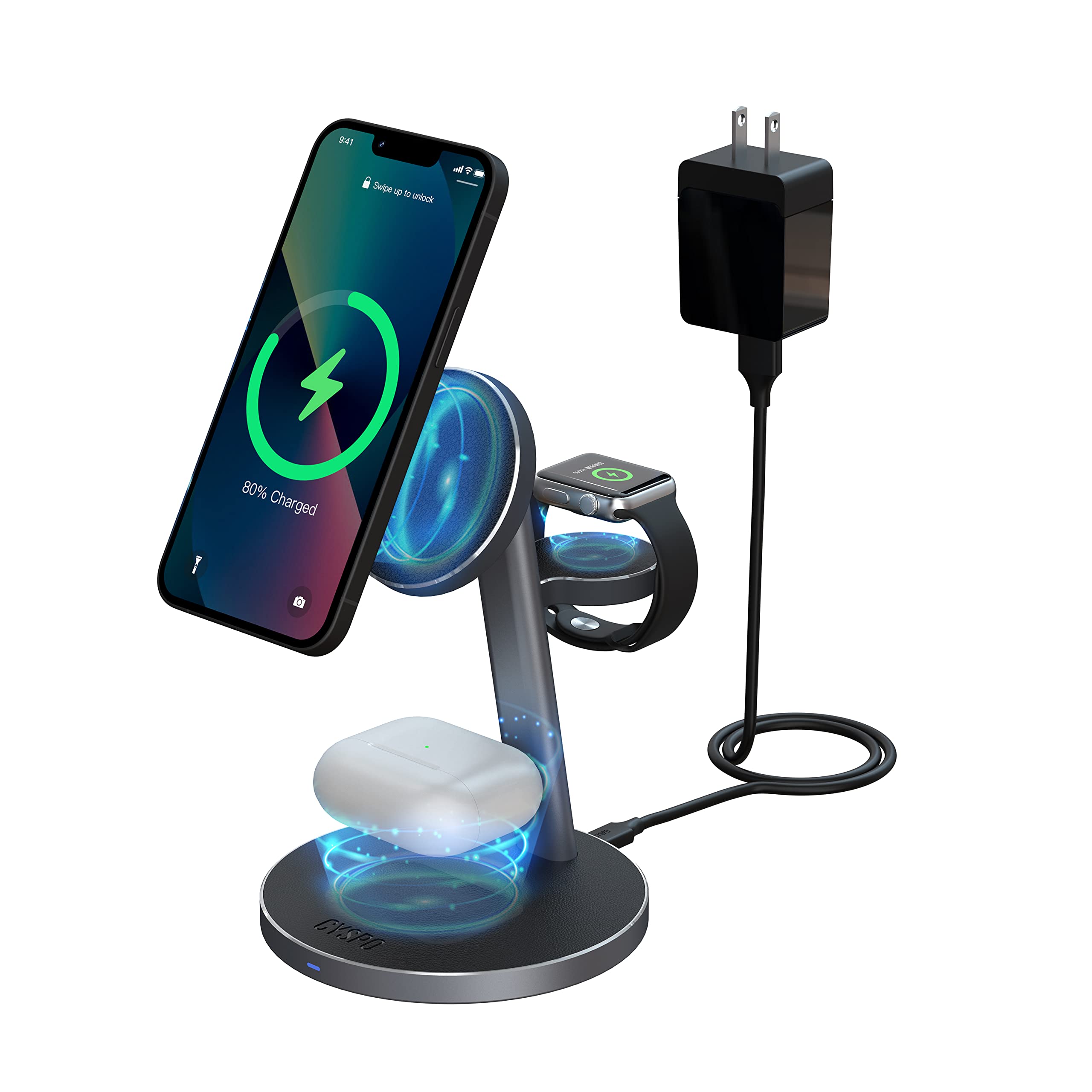 3-in-1 Magnetic Wireless Charging Station for iPhone 15/14/13/12 Series, Apple Watch & AirPods - Fast MagSafe Charger with Aluminum Alloy Stand (Includes Cable & Wall Adapter) - Perfect for Home, Office & Travel Charging