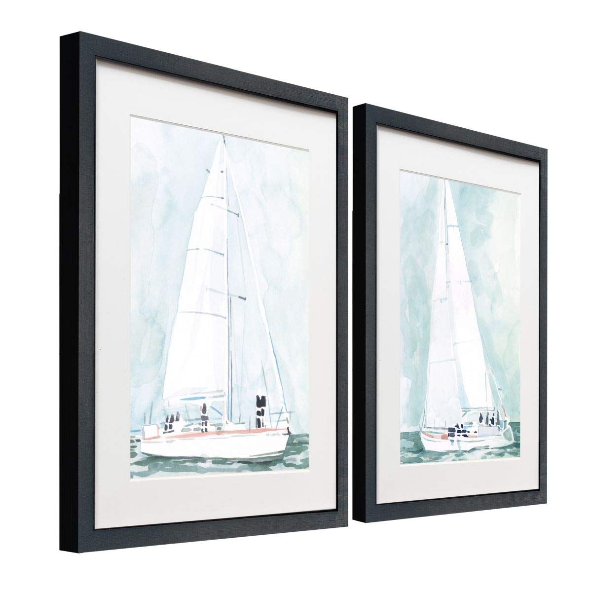 Distressed Black 2-Piece Framed Wall Art Set - Nautical Theme with Coral, Sailboat, Oyster & Ship Designs - Ready to Hang 16x20 Canvas Prints - Perfect for Beach House, Coastal Decor or Living Room Wall Art
