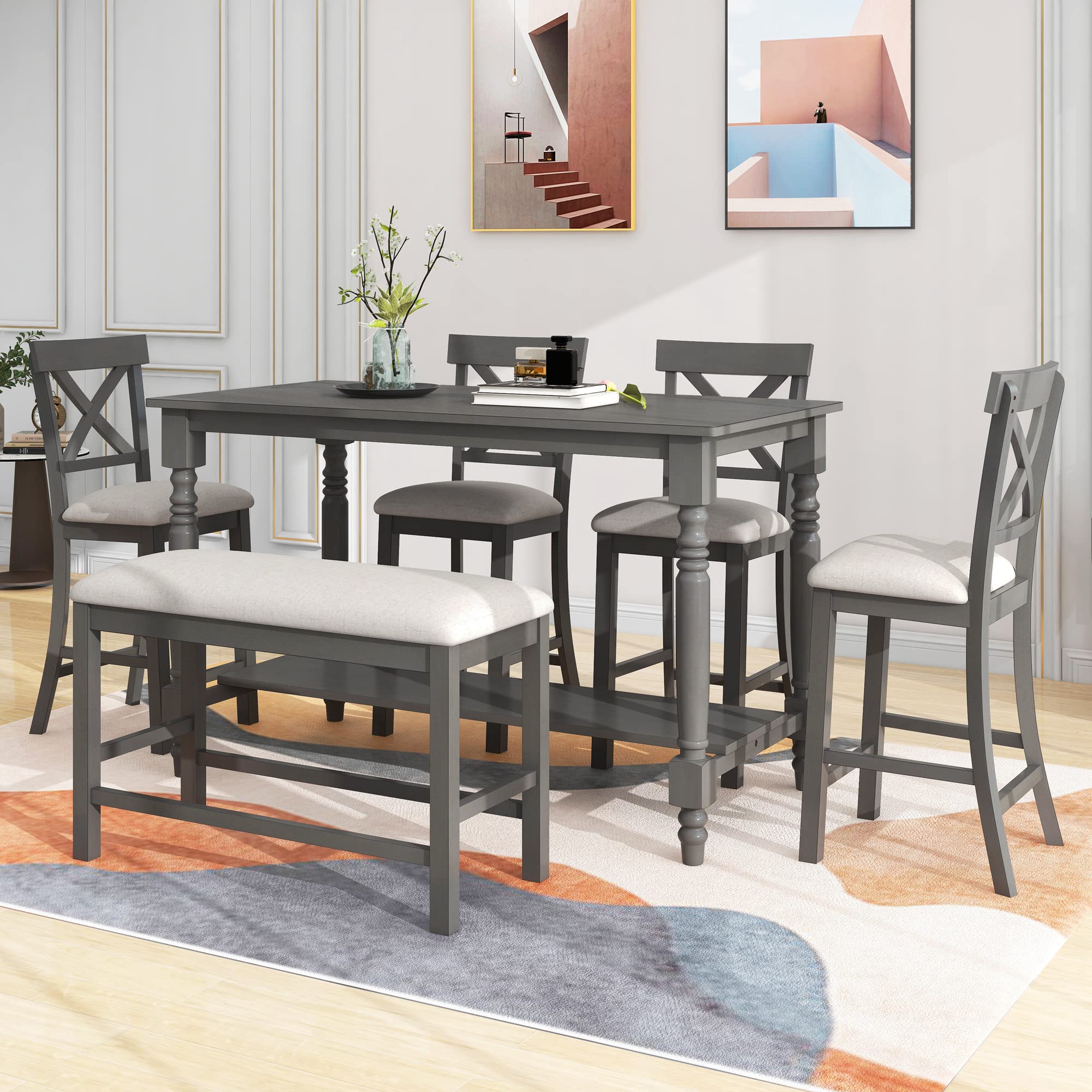 Merax 6-Piece Solid Wood Counter Height Dining Set with Shelf - Kitchen Table & 4 Upholstered Chairs + Bench for Breakfast Nook, Small Space Dining Room & Kitchen Island Seating