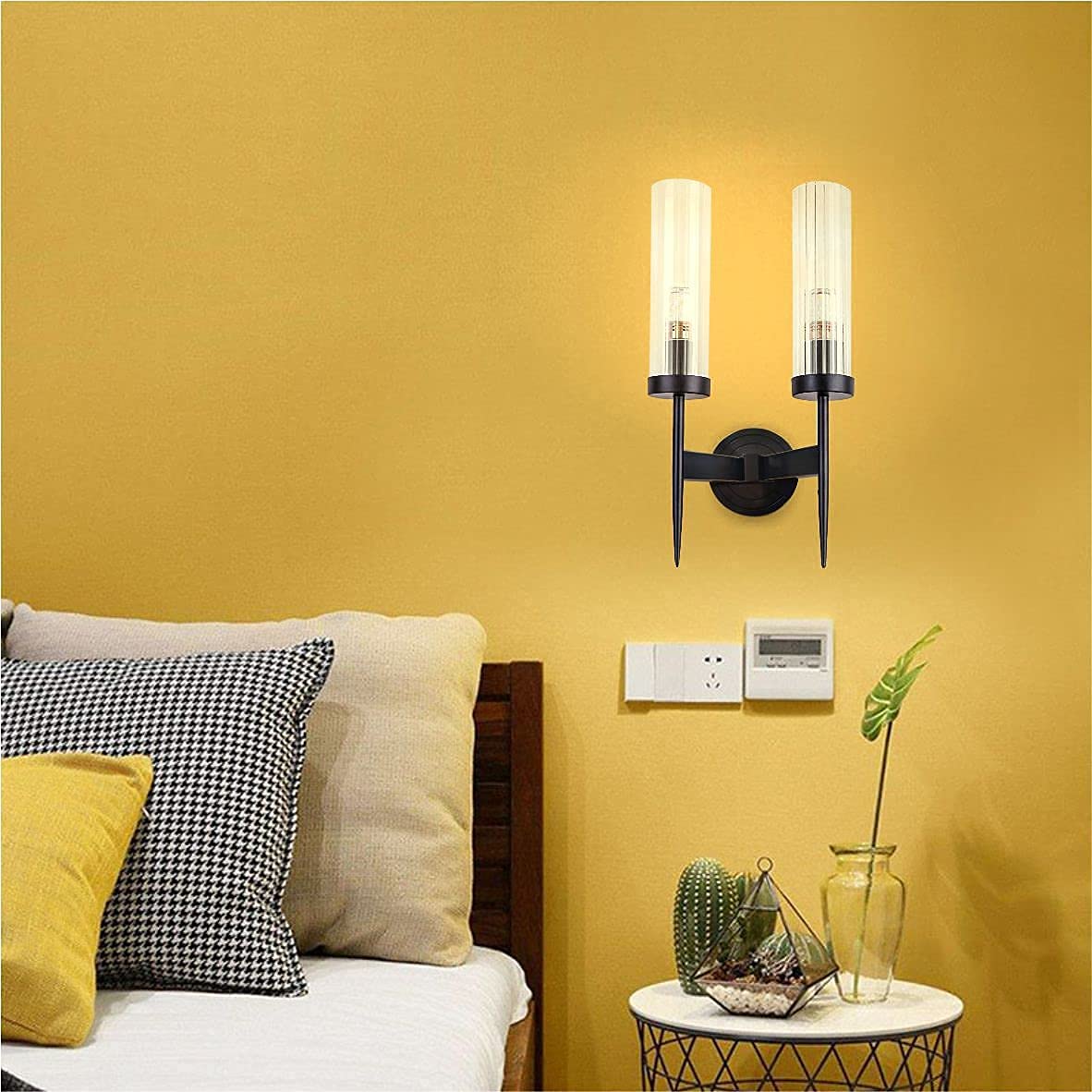BOKT Modern 2-Light Matte Black Metal Vanity Light Fixture with Clear Crystal Glass - Wireless Wall Sconce for Bedroom, Bathroom & Living Room - Mid Century Style Wall Mounted Lighting for Home Decor