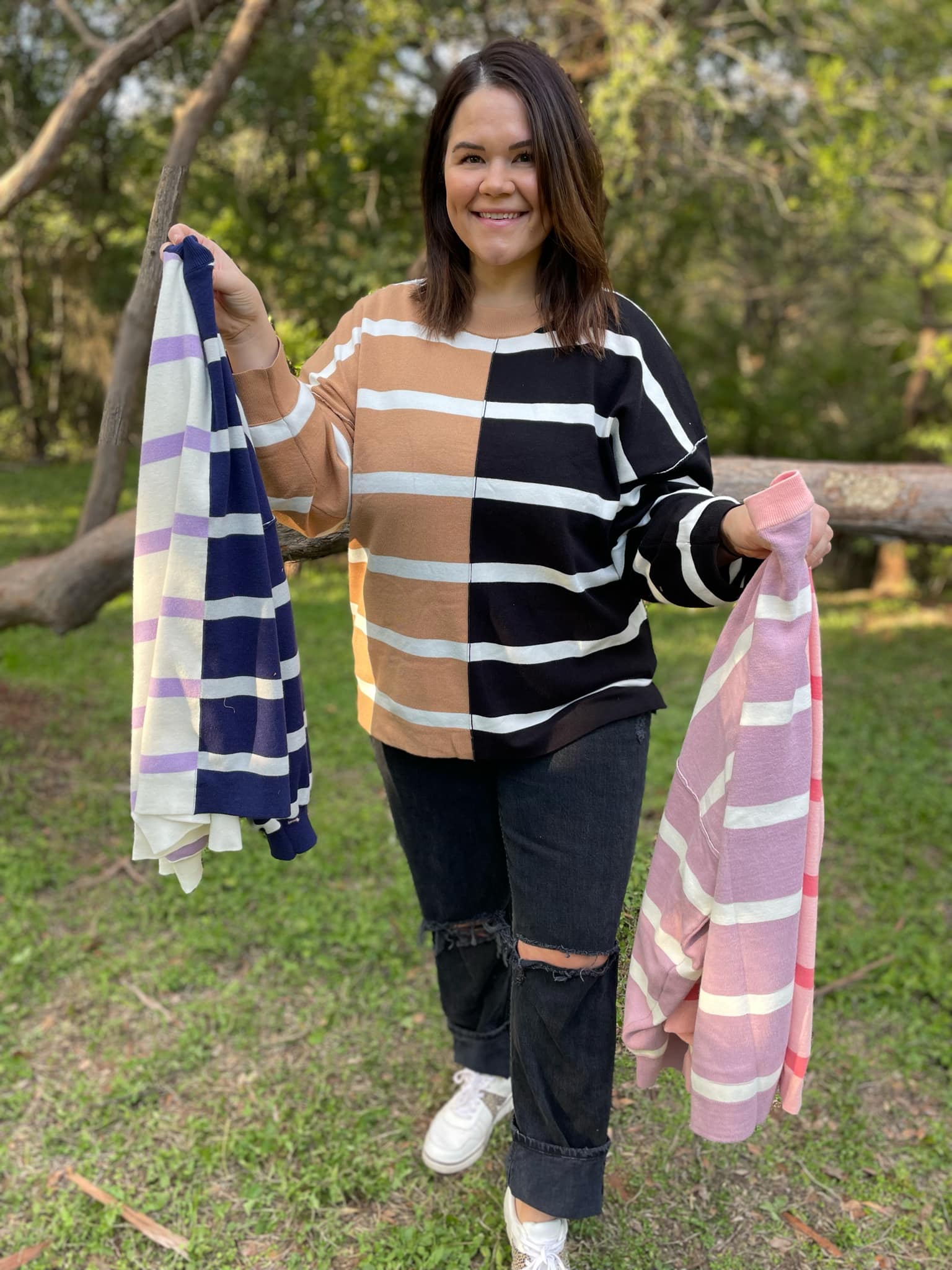 PREORDER: Striped Patchwork Sweater for Women - 3 Color Options | Cozy Knit Pullover for Fall & Winter | Perfect for Casual Outfits, Office Wear & Holiday Gatherings