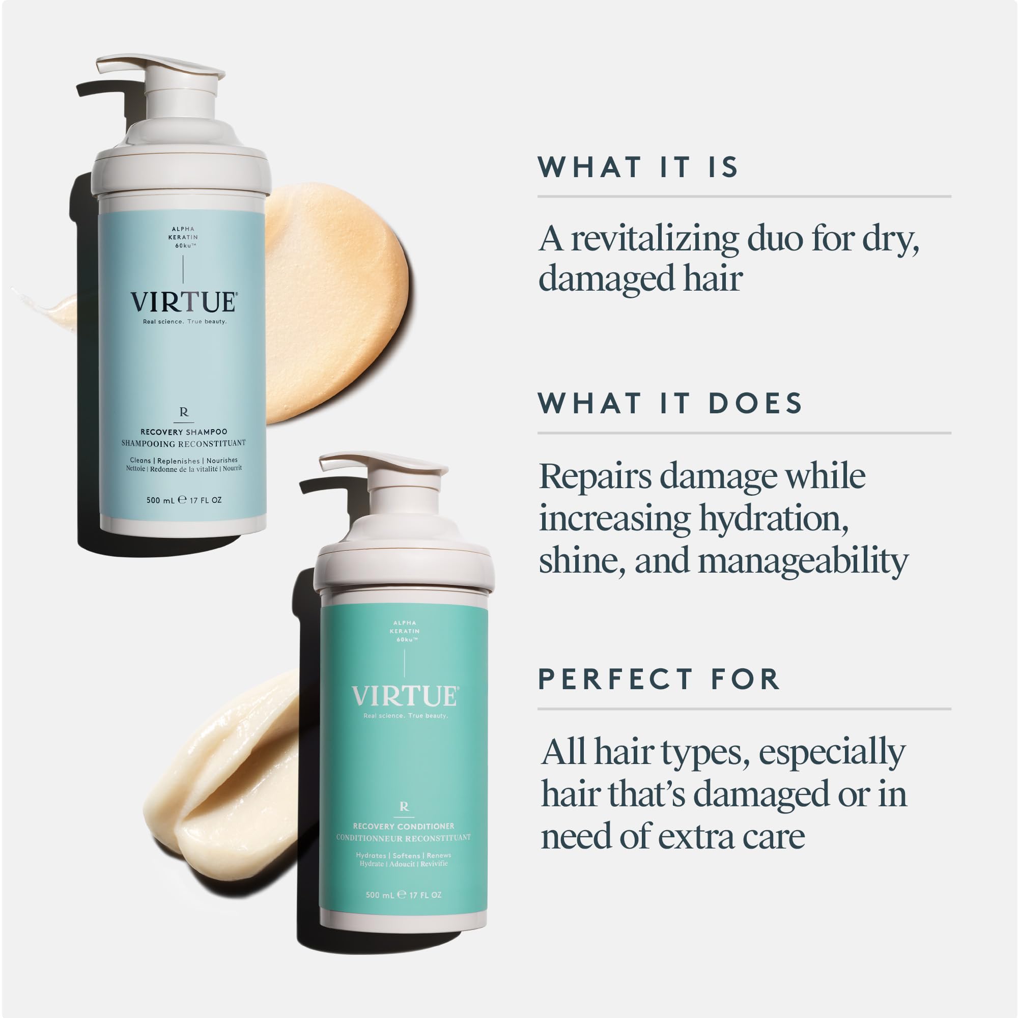 Virtue Recovery Sulfate-Free Shampoo & Conditioner Set with Keratin - Hydrates, Softens & Repairs Damaged Hair - Color Safe Formula - Perfect for Dry, Brittle & Chemically Treated Hair at Home or Salon