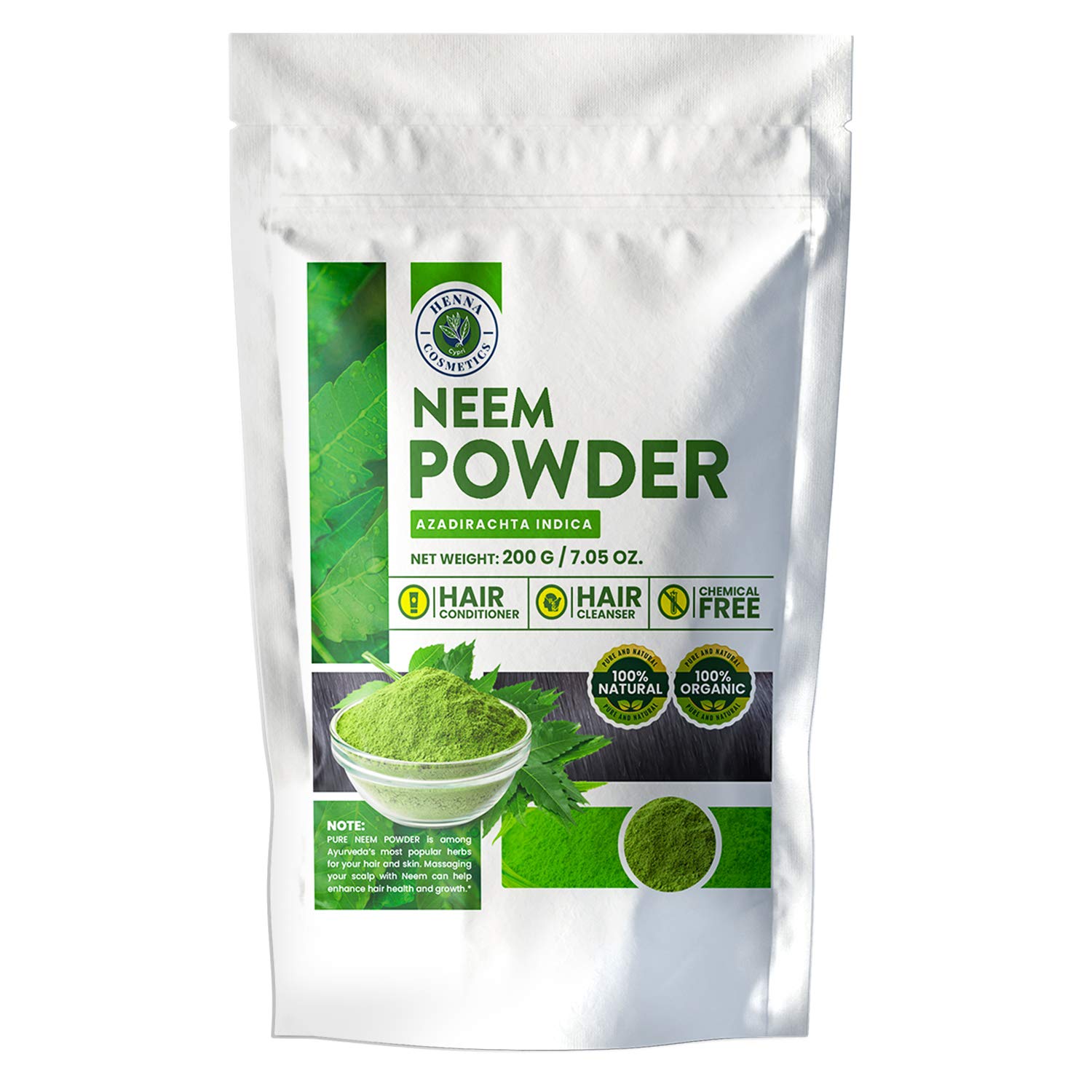 Organic Neem Powder (Azadirachta Indica) - 200g (7.05 oz) | 100% Pure for Hair Growth, Skin Care & Acne Treatment | Natural Ayurvedic Remedy for Scalp Health & Glowing Skin | DIY Face Masks & Hair Packs