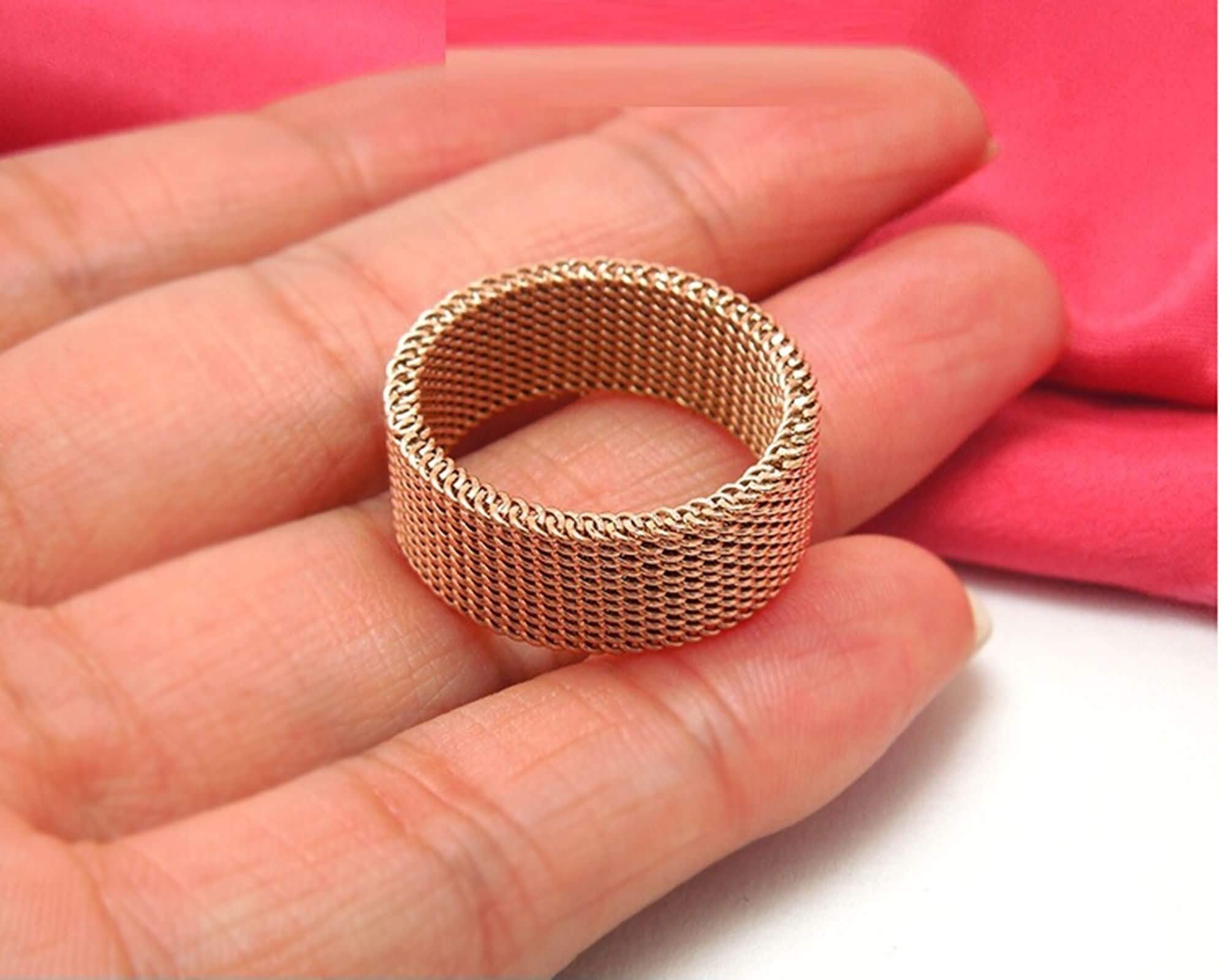 Stainless Steel Rose Gold Mesh Ring for Men & Women - Adjustable Sizes (T 1/2) - Perfect for Weddings, Anniversaries & Everyday Fashion Jewelry