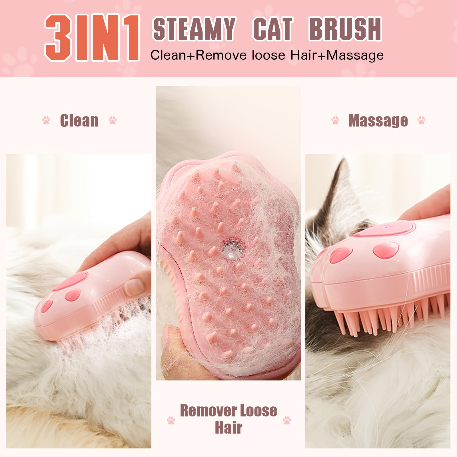 3-in-1 Electric Cat Grooming Brush with Steam - Self-Cleaning Silicone Pet Hair Brush for Massage, Shedding Control & Loose Hair Removal | Perfect for Daily Cat Care & Spa Grooming Sessions at Home
