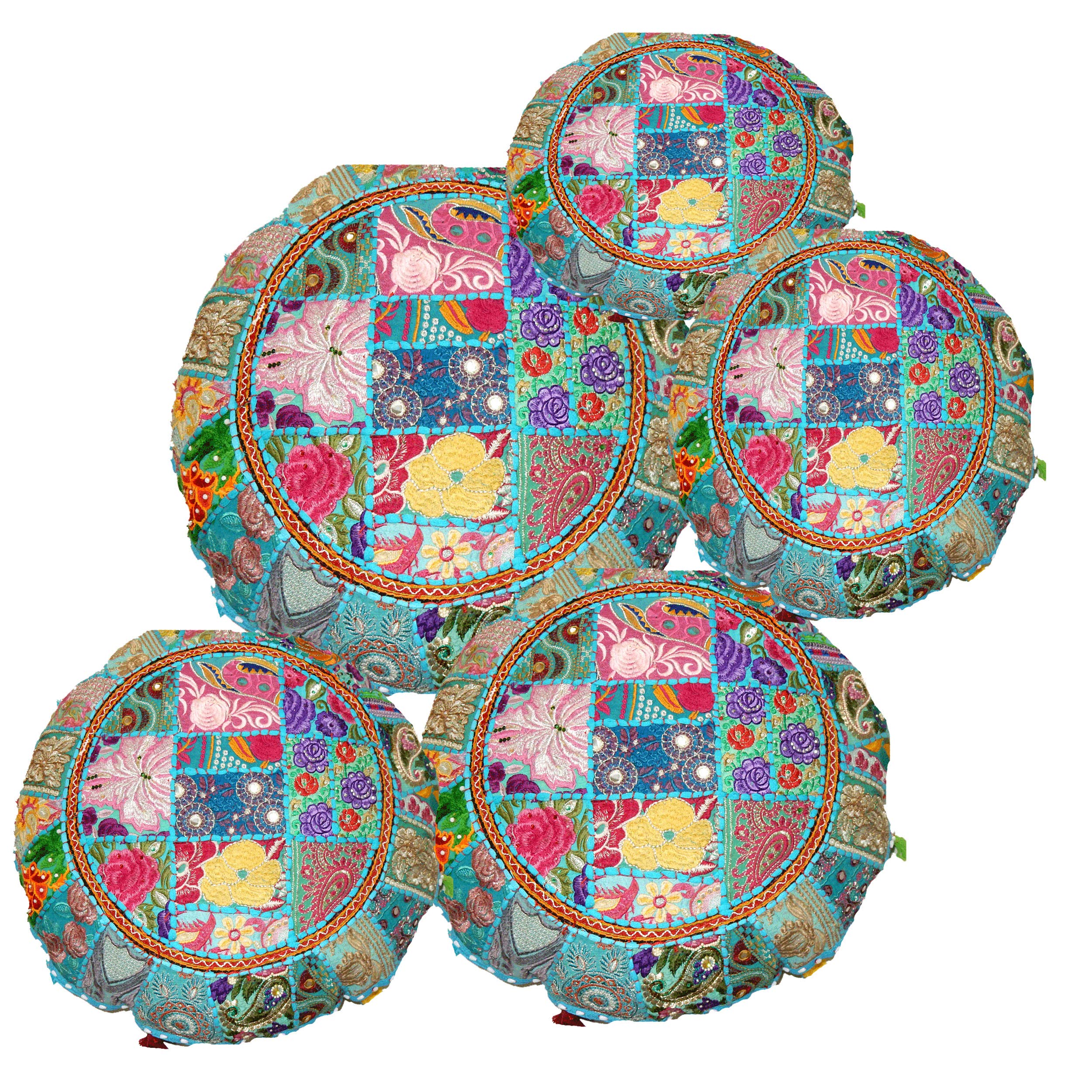 Vintage Embroidered Patchwork Floor Pillow Cover 22 Inch Round with Tassels & Lace - Ottoman Seating, Footstool Cover, Meditation Pouf, Living Room Decor - 5 Piece Set for Cozy Home & Boho Style