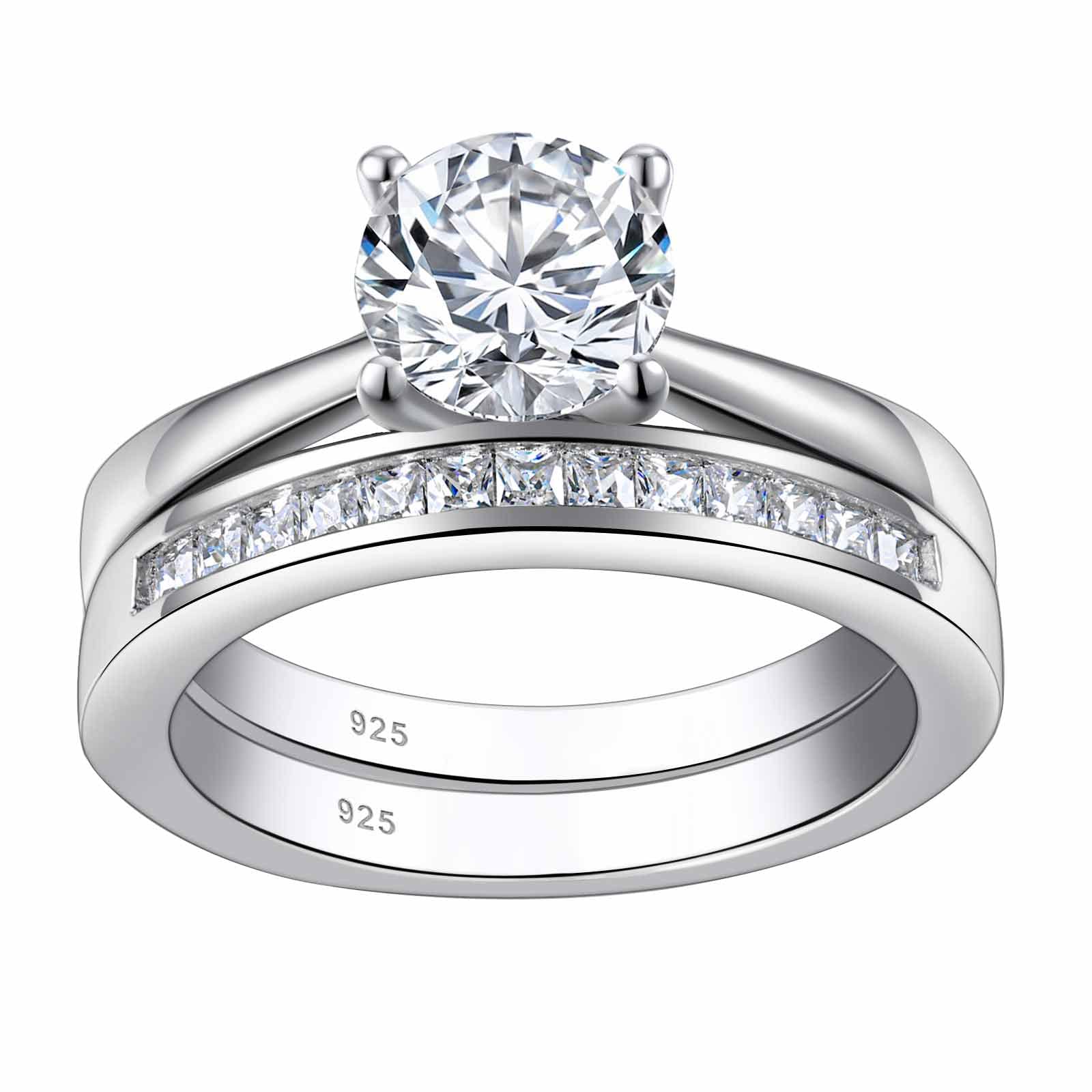 SHELOVES Sterling Silver Engagement Ring & Wedding Band Set with Round CZ Cubic Zirconia (Size 4-13) - Perfect for Proposals, Anniversaries & Bridal Jewelry Gifts