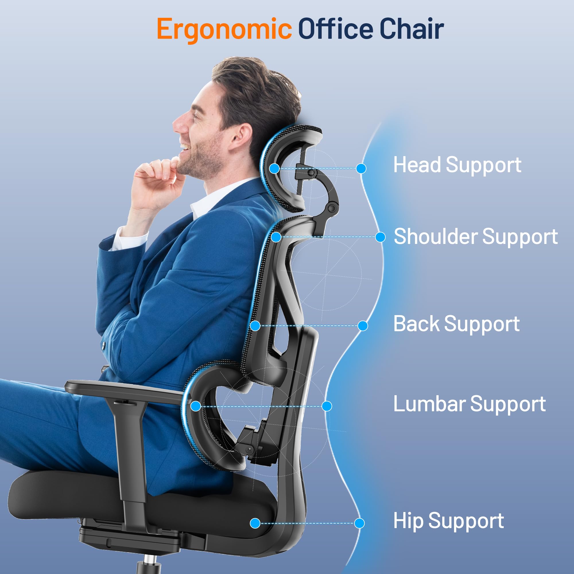 Big and Tall Office Chair with Dynamic Lumbar Support - High Back Ergonomic Desk Chair with Headrest & 3D Armrests - Adjustable Gaming Computer Chair for Extended Height People (Black) - Perfect for Home Office, Gaming Setup, and Long Work Sessions