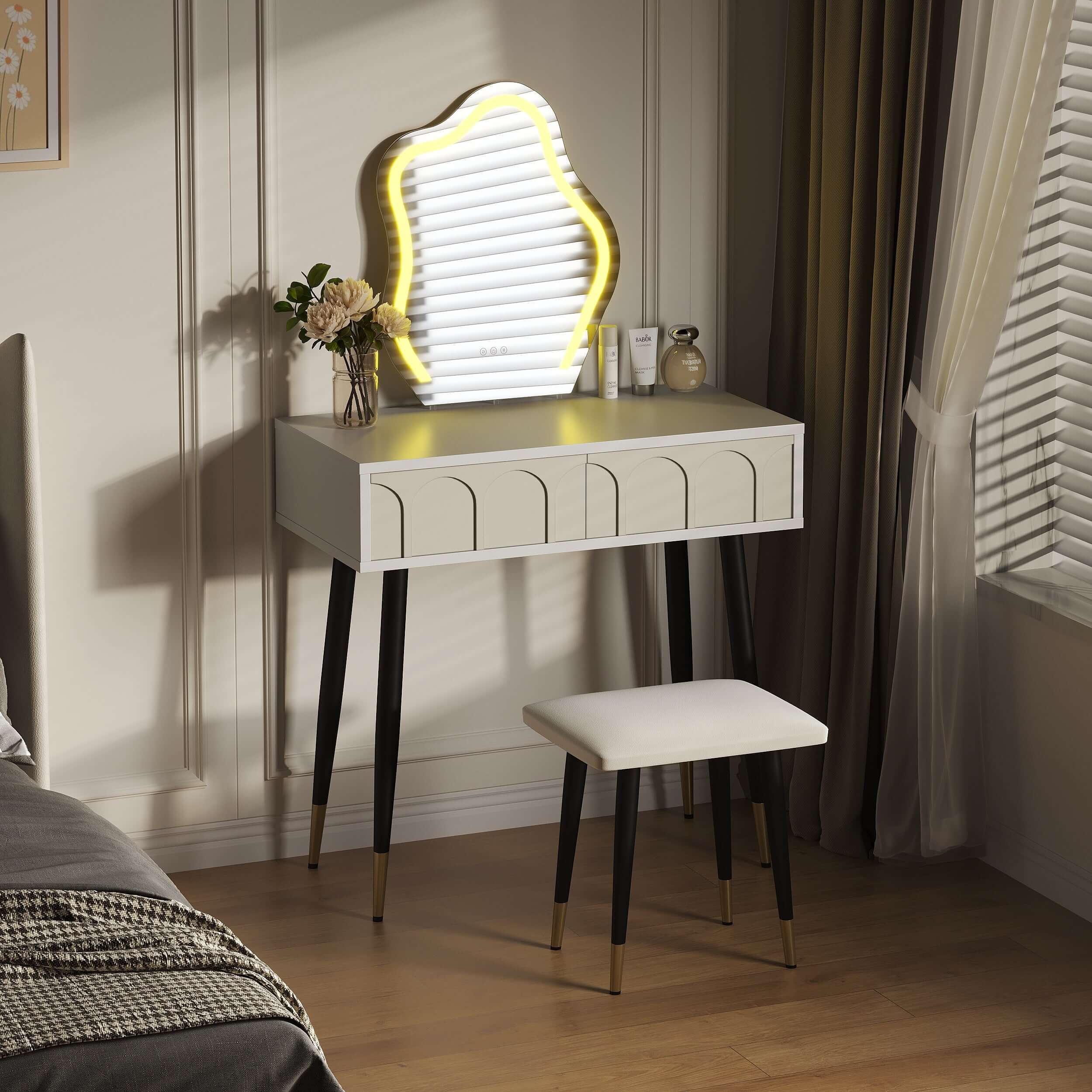 White & Black 31.5 Inch Two-Drawer Dresser with Mirror and Matching Chair - Perfect for Bedroom, Dorm Room or Guest Room Organization