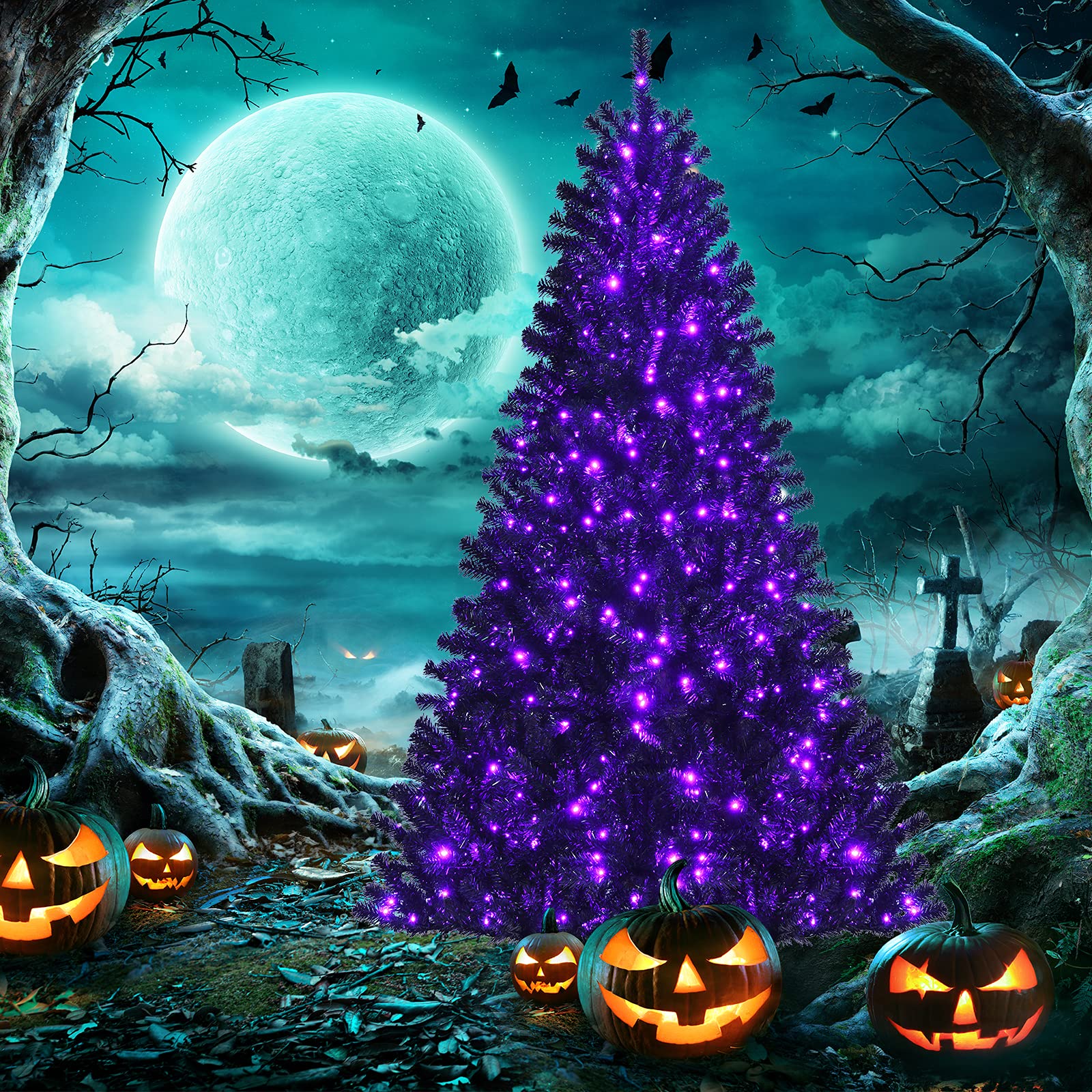 Happygrill 7 Ft Artificial Christmas Tree with 500 Purple LED Lights - 1096 Branch Tips, Foldable Metal Stand & Hinged Design for Halloween & Xmas Decor | Indoor & Outdoor Holiday Party, Home, Office Decoration