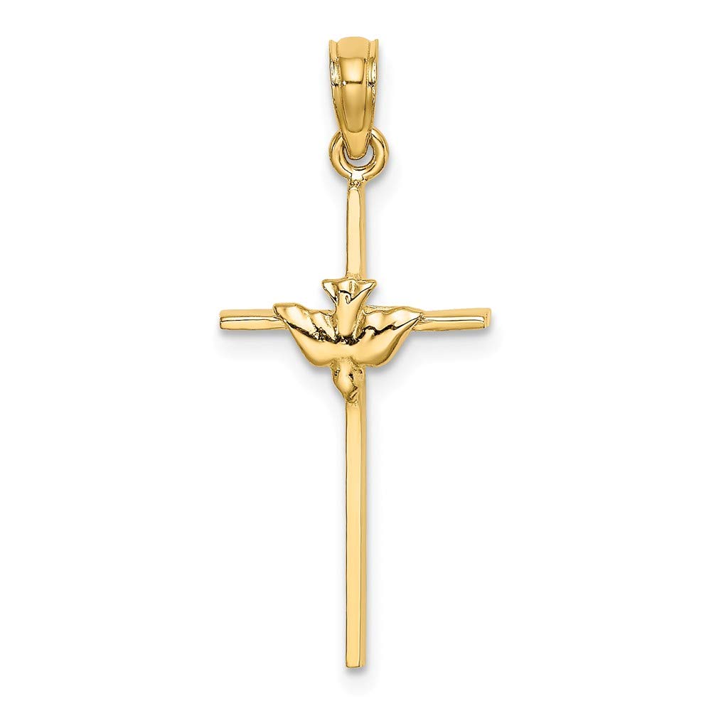 14K Yellow Gold Dove on Stick Religious Cross Charm Necklace - 18