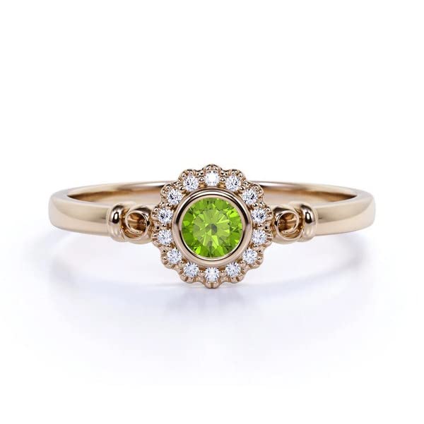 Natural Peridot Engagement Ring for Women - Vintage Rose Gold Vermeil & Art Deco Statement Silver Ring with Leaf Design - Unique Gemstone Jewelry for Anniversary Gifts, Wedding & Special Occasions