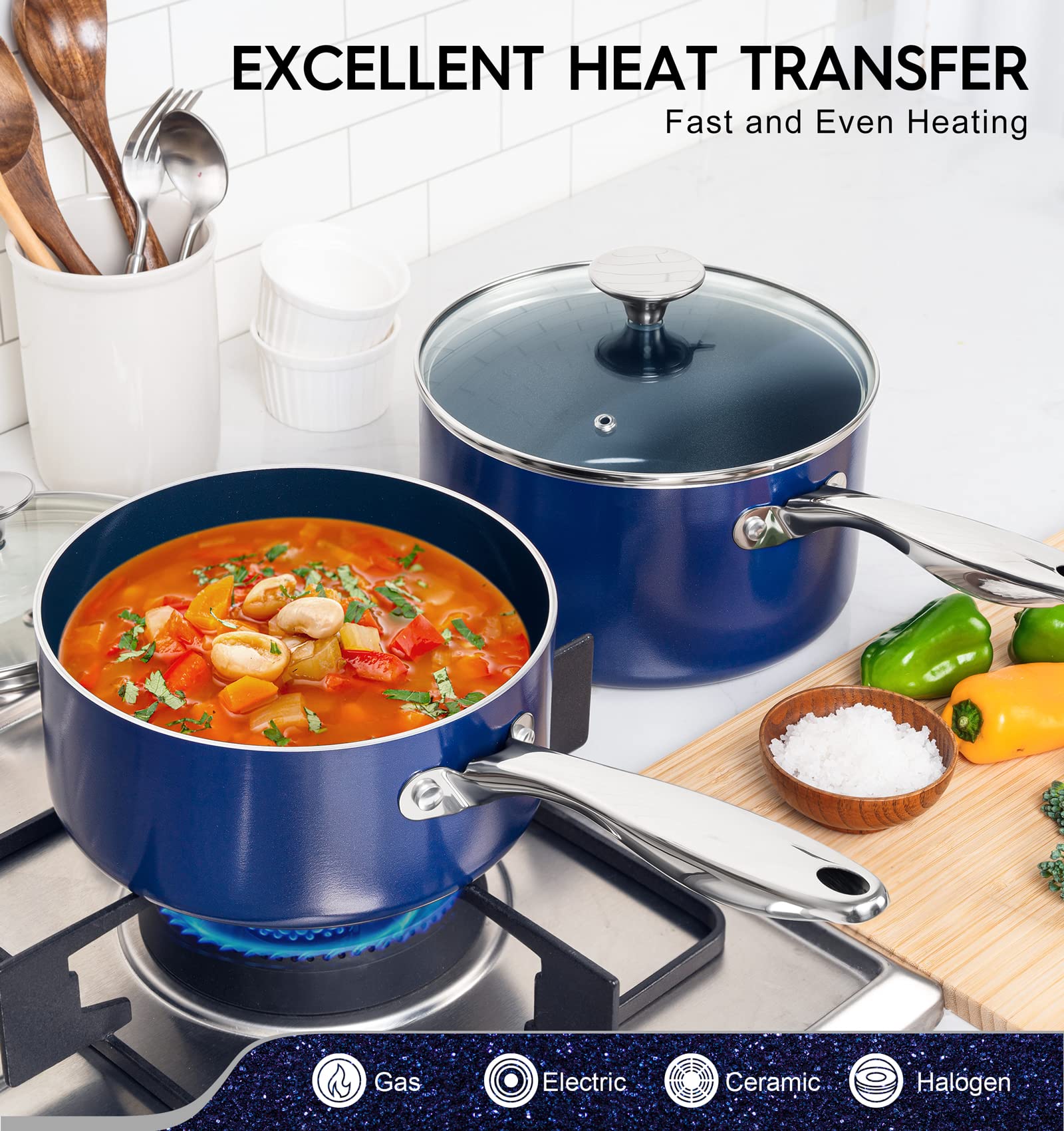 MICHELANGELO 1Qt & 2Qt Ceramic Nonstick Saucepan Set with Lids - Stainless Steel Handle, Oven Safe Cookware (Blue) - Perfect for Boiling, Simmering & Sauce Making in Home Kitchens