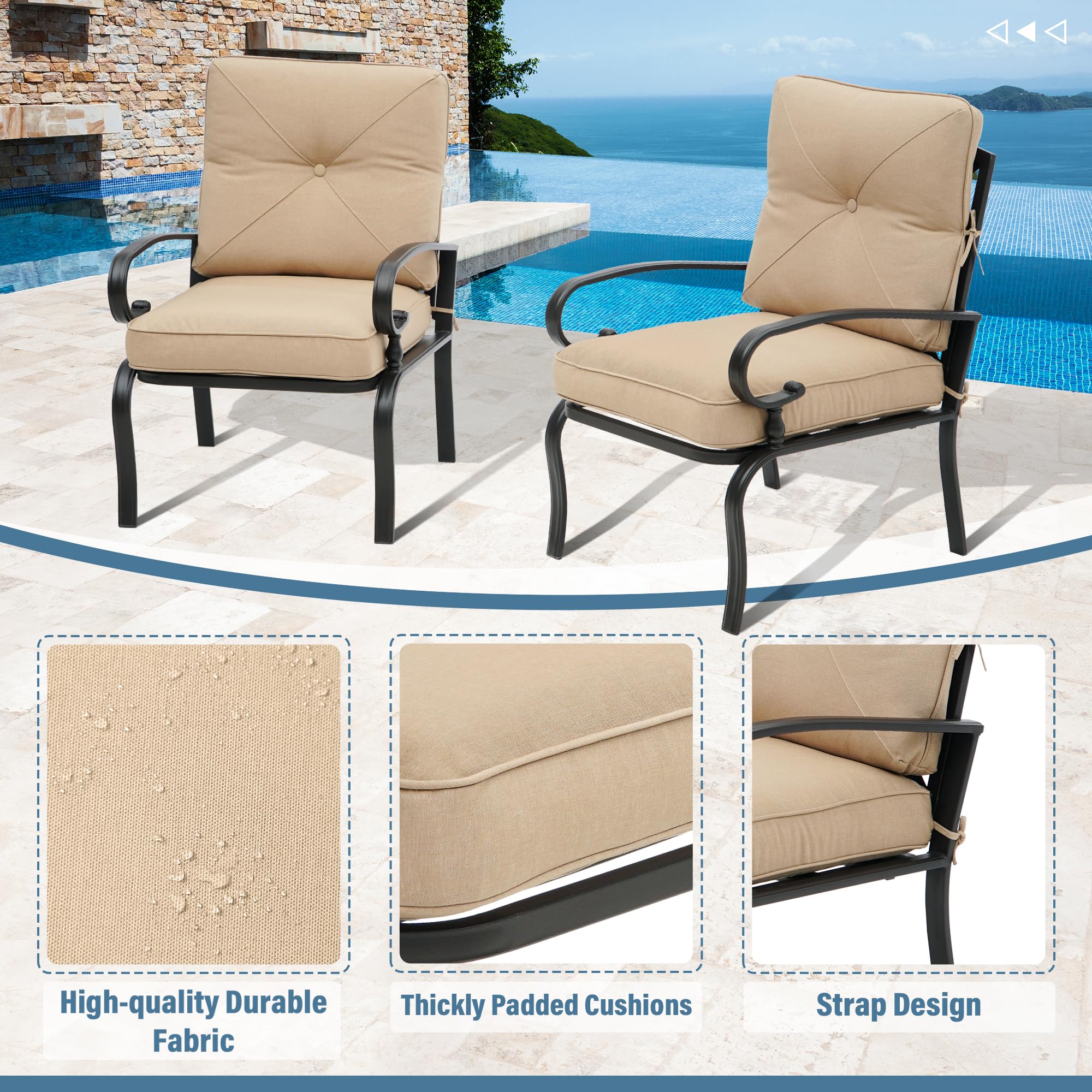 2-Piece Patio Dining Chairs Bistro Set - Wrought Iron Outdoor Furniture with Brown Cushions, All-Weather Garden Seating for Backyard, Balcony or Poolside Relaxation