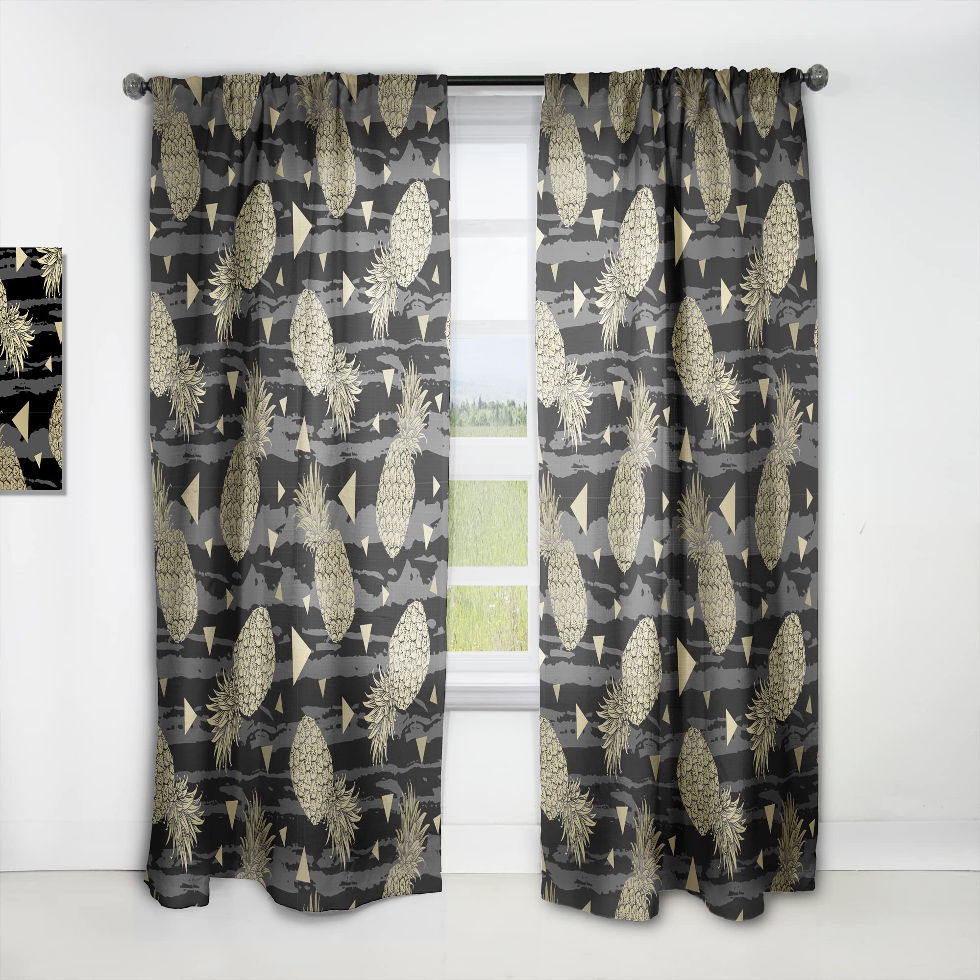 DesignQ Thermal Insulated Black & Gold Pineapple Print Curtains - 52x120 Inch Single Panel for Bedroom & Living Room - Elegant Home Decor for Tropical & Modern Interior Design