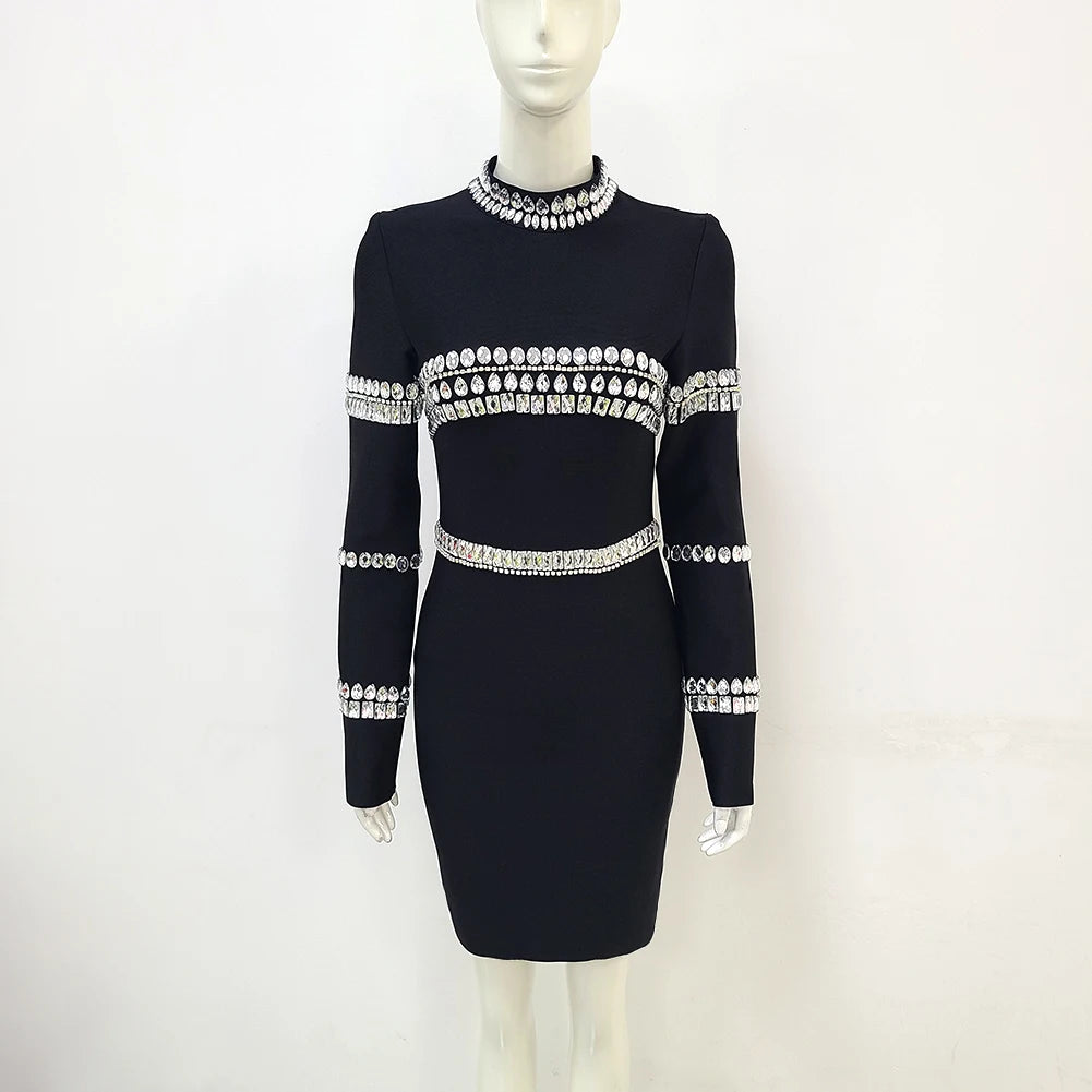 2023 New Winter Black Women's Long Sleeve Bodycon Mini Dress with Crystal Details - Elegant Bandage Party Dress for Evening Events, Night Out, Club Wear & Special Occasions