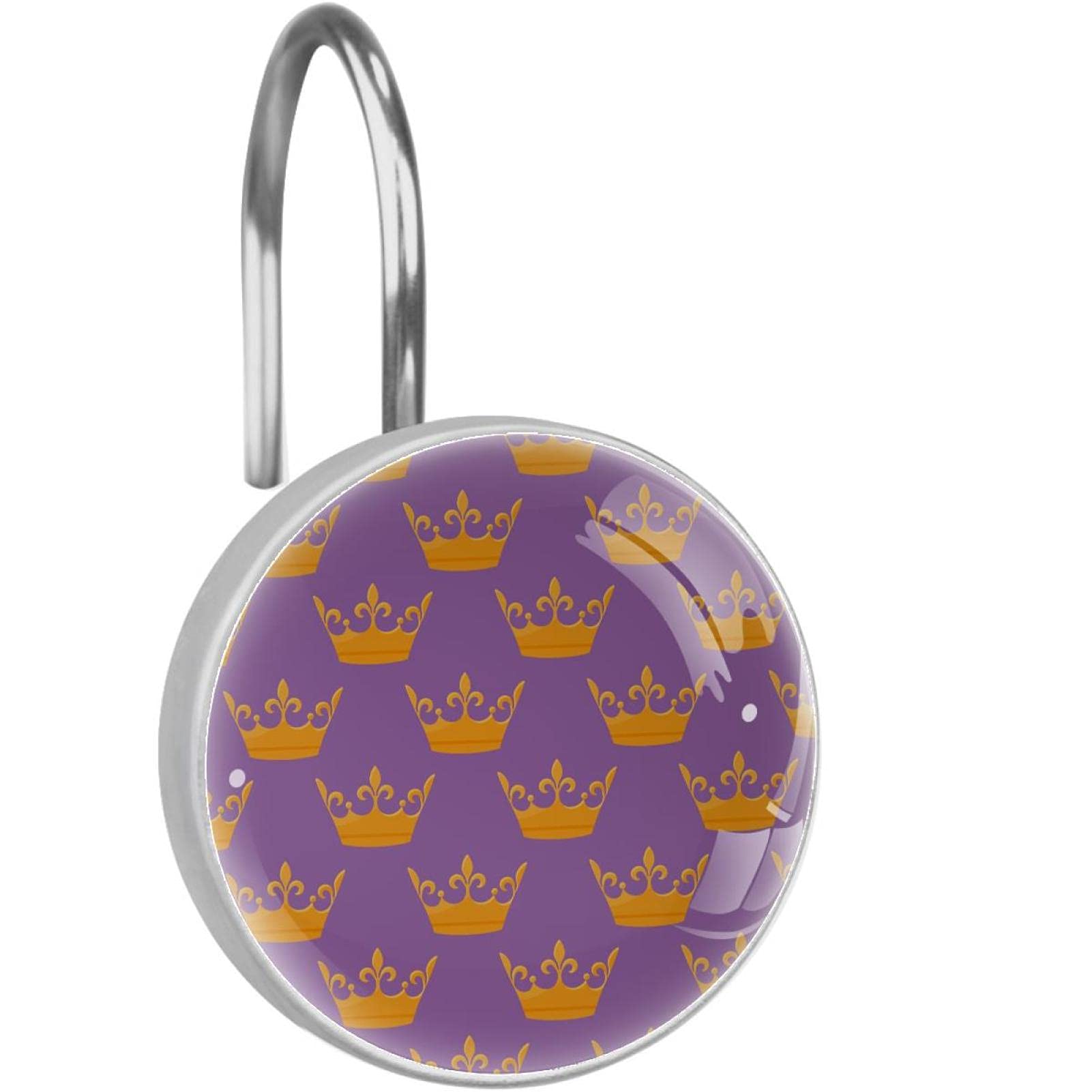 Golden Queen Crown Shower Curtain Hooks - 12 Pack Elegant Bathroom Decor with Purple Background | Perfect for Vintage, Royal Themed Bathrooms & Luxury Home Decor