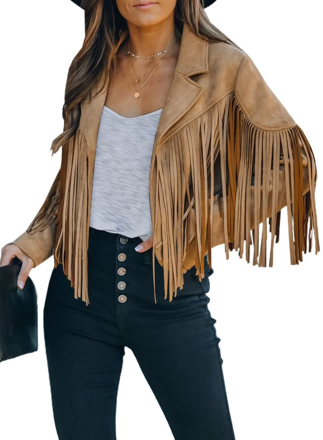 FARYSAYS Women's Cropped Fringe Faux Suede Leather Motorcycle Jacket - Stylish Biker Outerwear for Casual Outings and Night Events