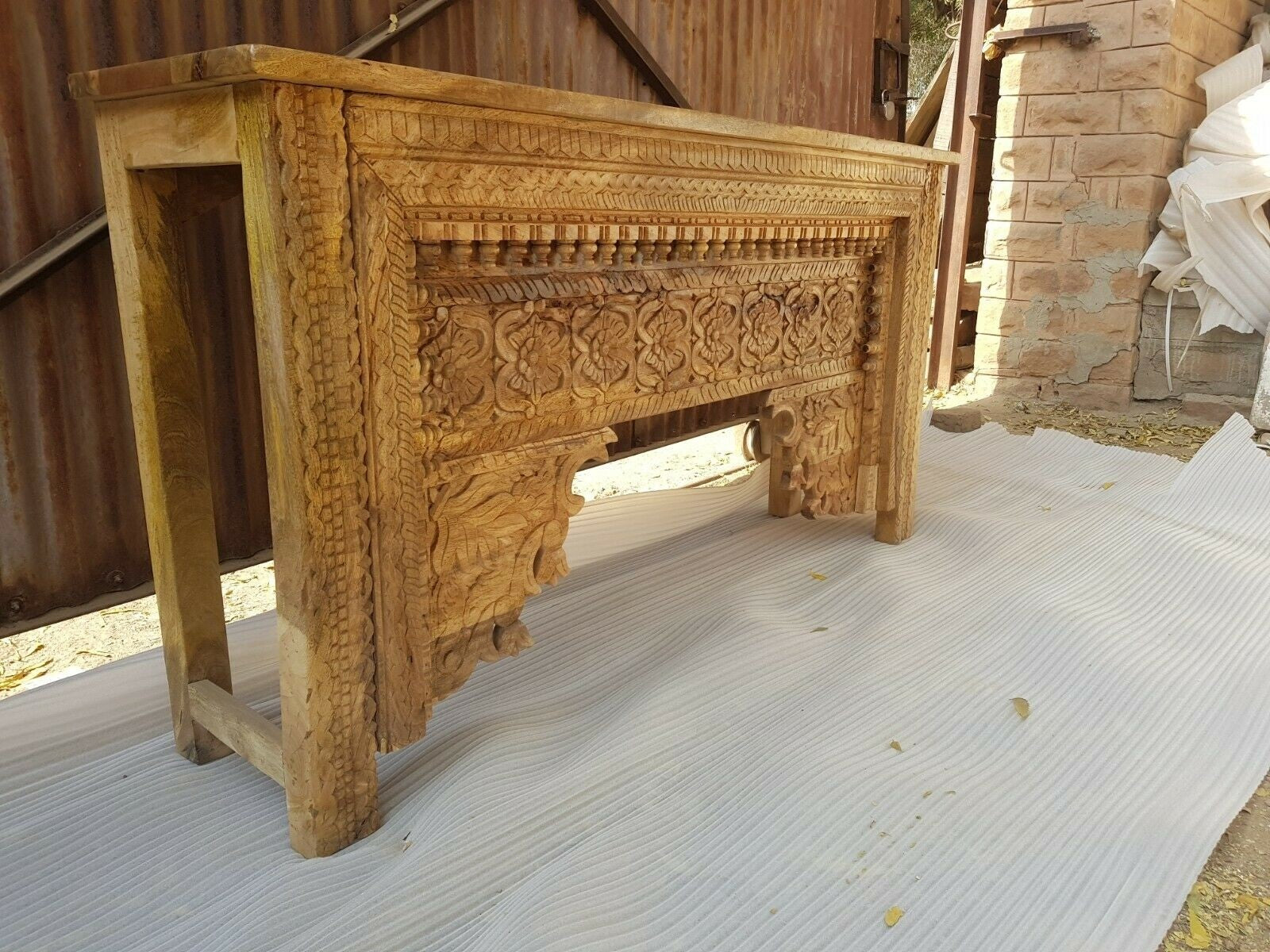Hand Carved Indian Solid Wood Console Table - Natural Finish - Entryway, Hallway & Living Room Decor