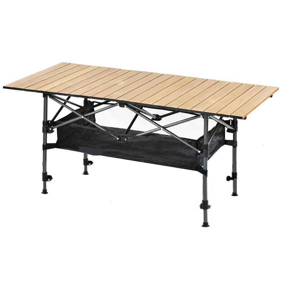 Portable Adjustable Height Folding Aluminum Camping Table with Storage Bag - Lightweight Picnic Table for BBQ, Beach, Party, Backyard, Hiking & Outdoor Adventures (Wood Grain Design)