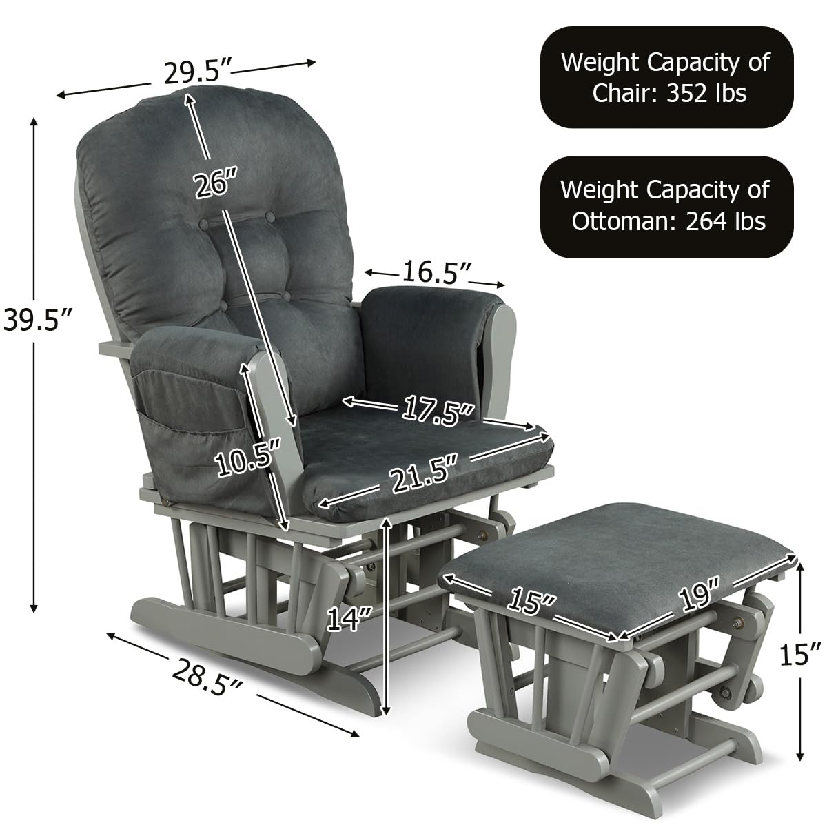 DORTALA Baby Glider Rocker with Ottoman - Adjustable Nursery Chair for Nursing, Feeding & Reading - Soft Upholstered Rocking Chair with Smooth Motion & Removable Washable Cover - Perfect for Nursery, Bedroom & Living Room (Grey)