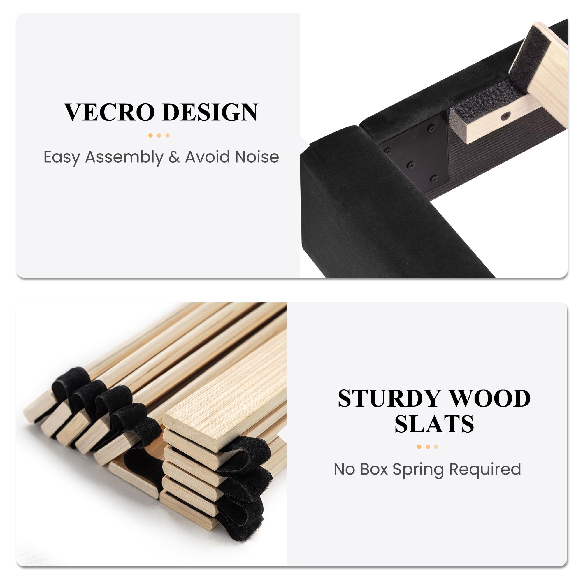 Luxury SHA CERLIN King Size Bed Frame - Velvet Upholstered Platform Bed with Headboard | Solid Wood Slat Support | No Box Spring Required | Perfect for Master Bedroom & Guest Room (Black)