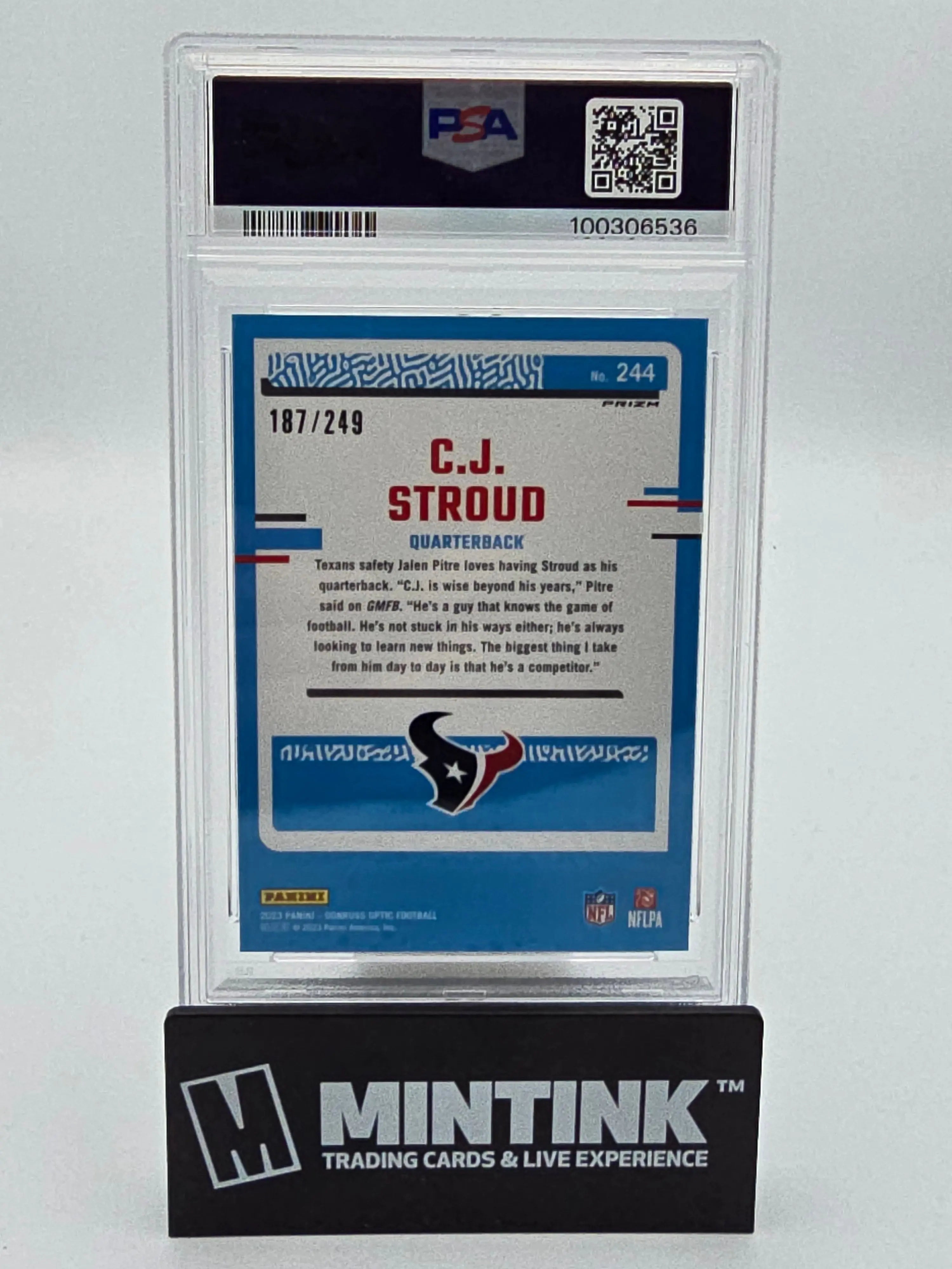 2023 Panini Donruss Optic CJ Stroud Orange Rated Rookie PSA 10 187/249 #244 - Football Trading Card for Collectors & Investors - Perfect for Display, Trading, and Portfolio Growth