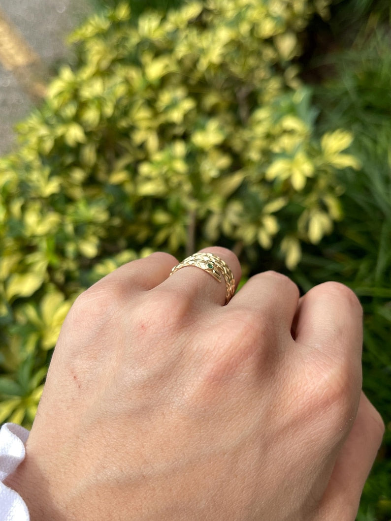0.05tcw 14K Gold Textured Serpent Wrap Around Emerald Eyed Snake Ring for Women | Unique Handmade Jewelry Gift for Birthday, Anniversary & Special Occasions | Perfect Boho & Gothic Fashion Statement