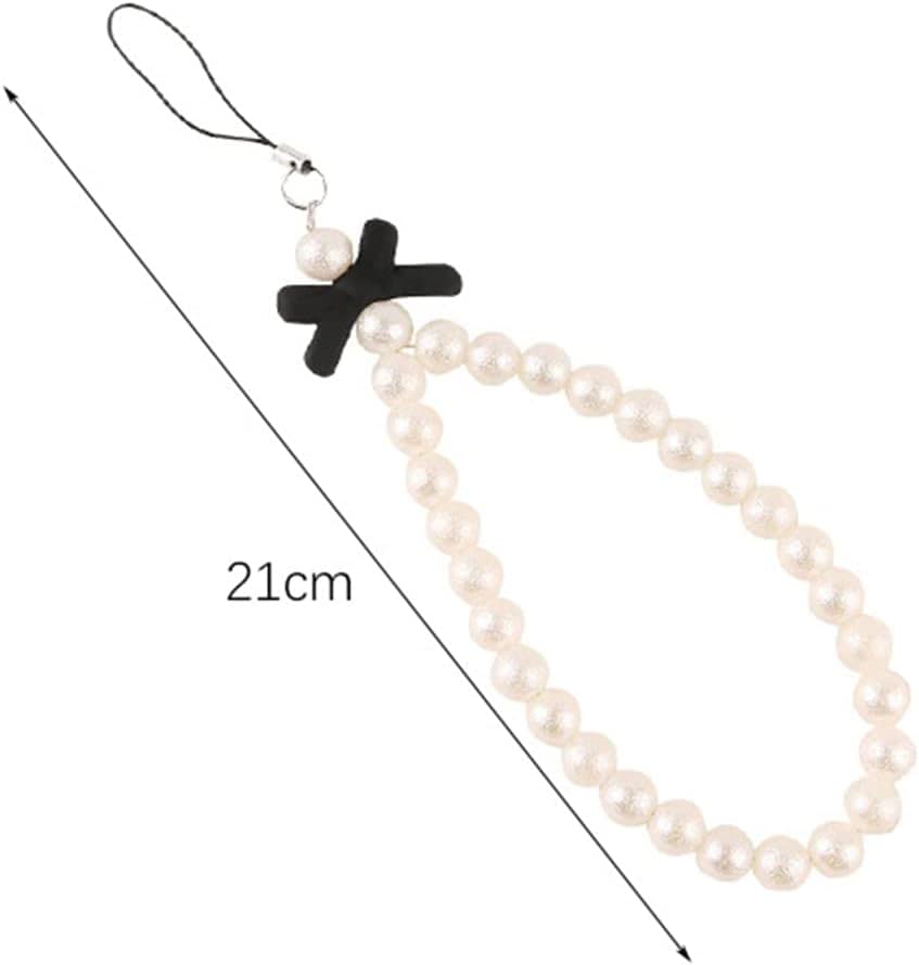 Fashionable White Pearl Beaded Phone Lanyard with Black Bow - Universal Anti-Lost Wrist Strap for Mobile Phones, Keychains & Wallets - Elegant Women's Accessory for Work, Travel & Daily Use