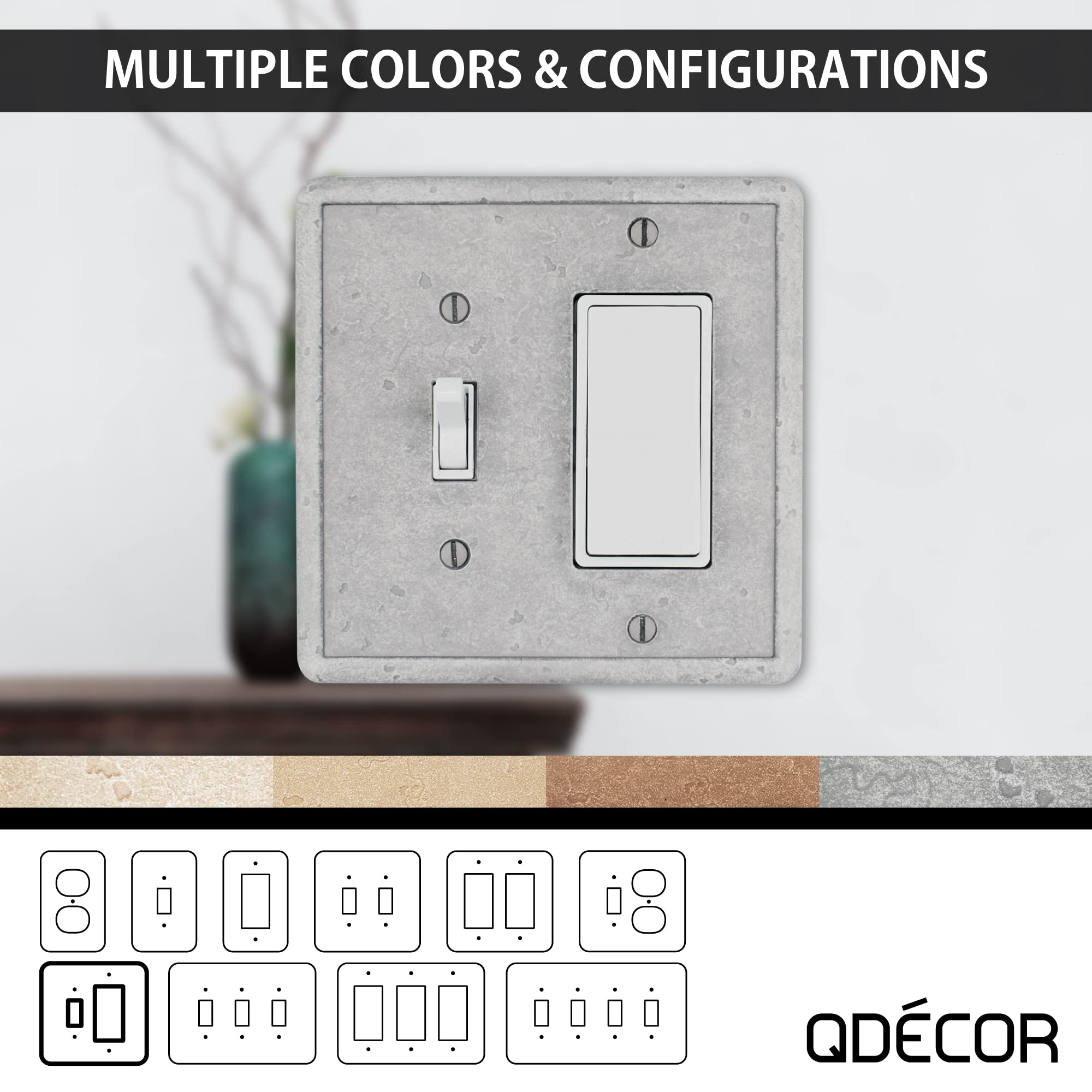 Questech Decor Single Toggle/Single Rocker GFCI Combo Light Switch Cover - 2-Gang Electrical Wall Plate, Standard Size GFCI Cover with Decorative Tumbled Texture in Gray - Perfect for Living Rooms, Bedrooms & Home Renovation Projects