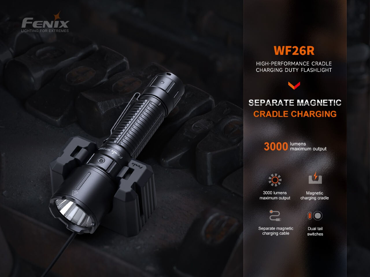 Fenix WF26R Rechargeable LED Work Flashlight with Cradle Charging - Bright, Durable for Camping, Hiking, and Emergency Use