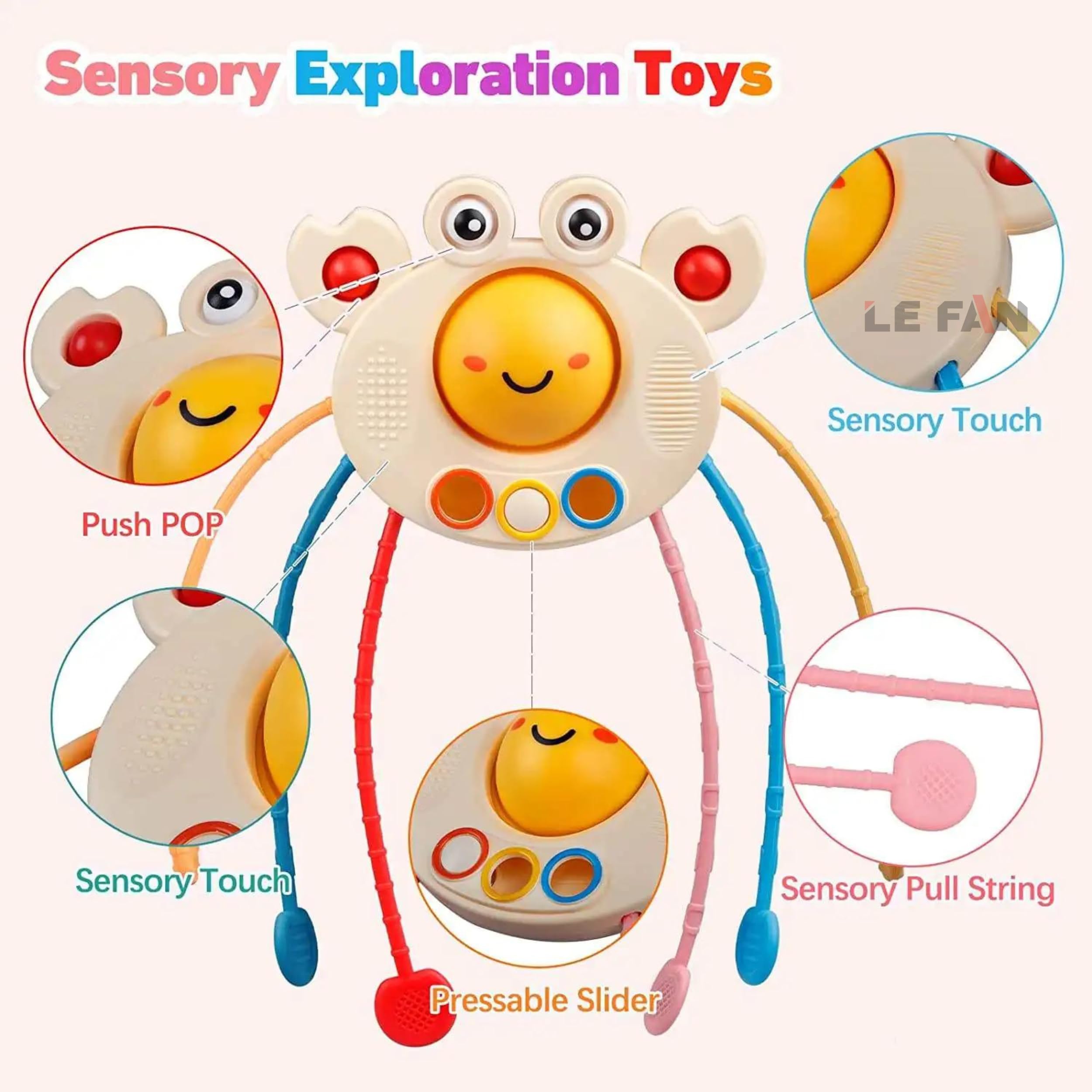 Lefan Crab Pull String Teether Toy for Babies 6+ Months - Food Grade Silicone Sensory Montessori Toy for Teething, Fine Motor Skills Development - Perfect Travel Toy for Toddlers & Infants (Great for Car Rides, Daycare, and On-the-Go Playtime)
