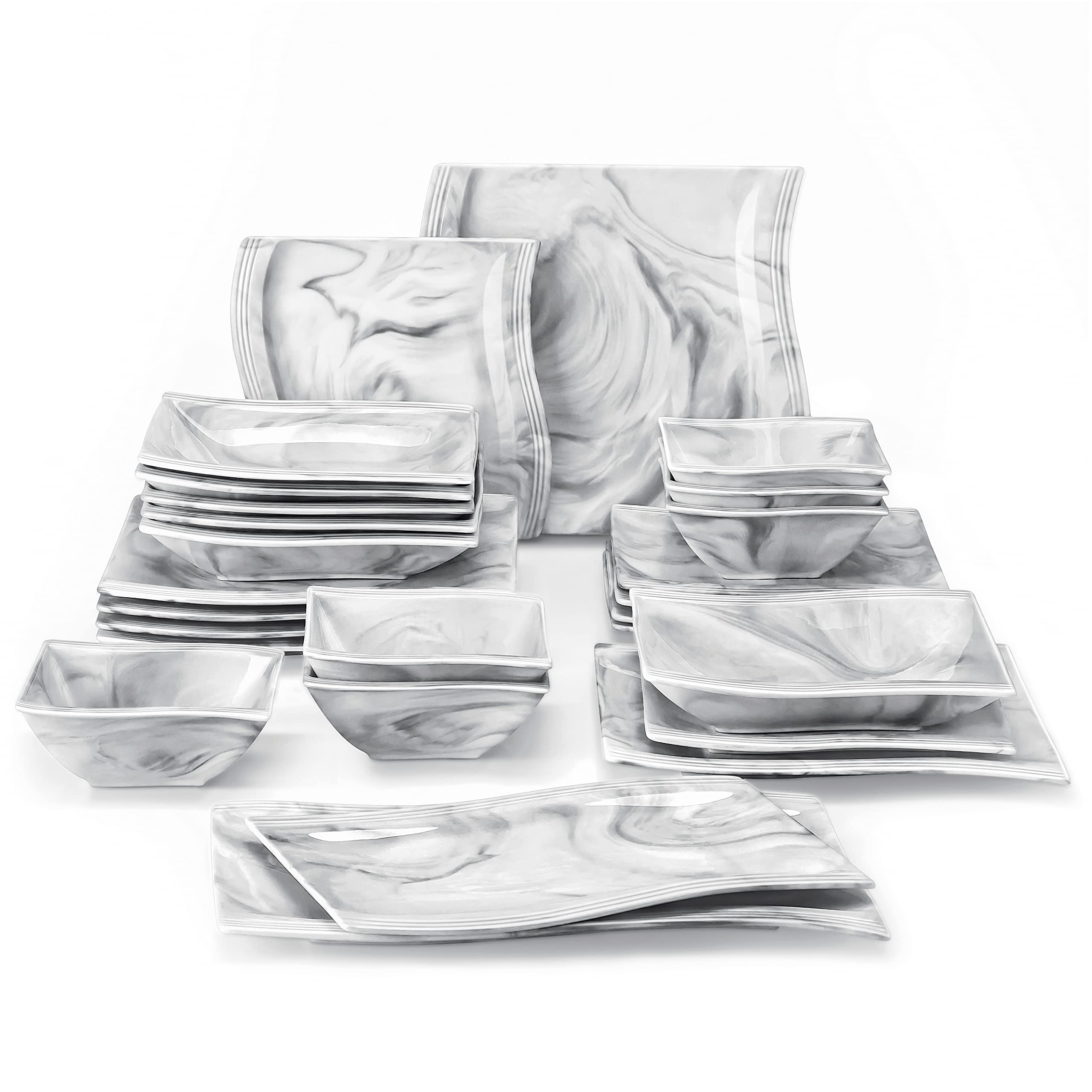MALACASA 26-Piece Porcelain Dinnerware Set for 6 People - Square Plates, Bowls & Serving Dishes - Elegant Marble-Look Tableware (Flora Series) - Perfect for Family Dinners, Dinner Parties & Holiday Entertaining