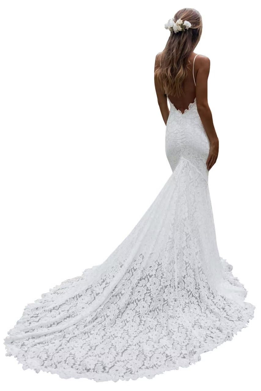 2024 Elegant Lace Beach Wedding Dresses for Bride - Long Mermaid Bridal Gowns for Women | Perfect for Destination Weddings, Beach Ceremonies & Romantic Photoshoots