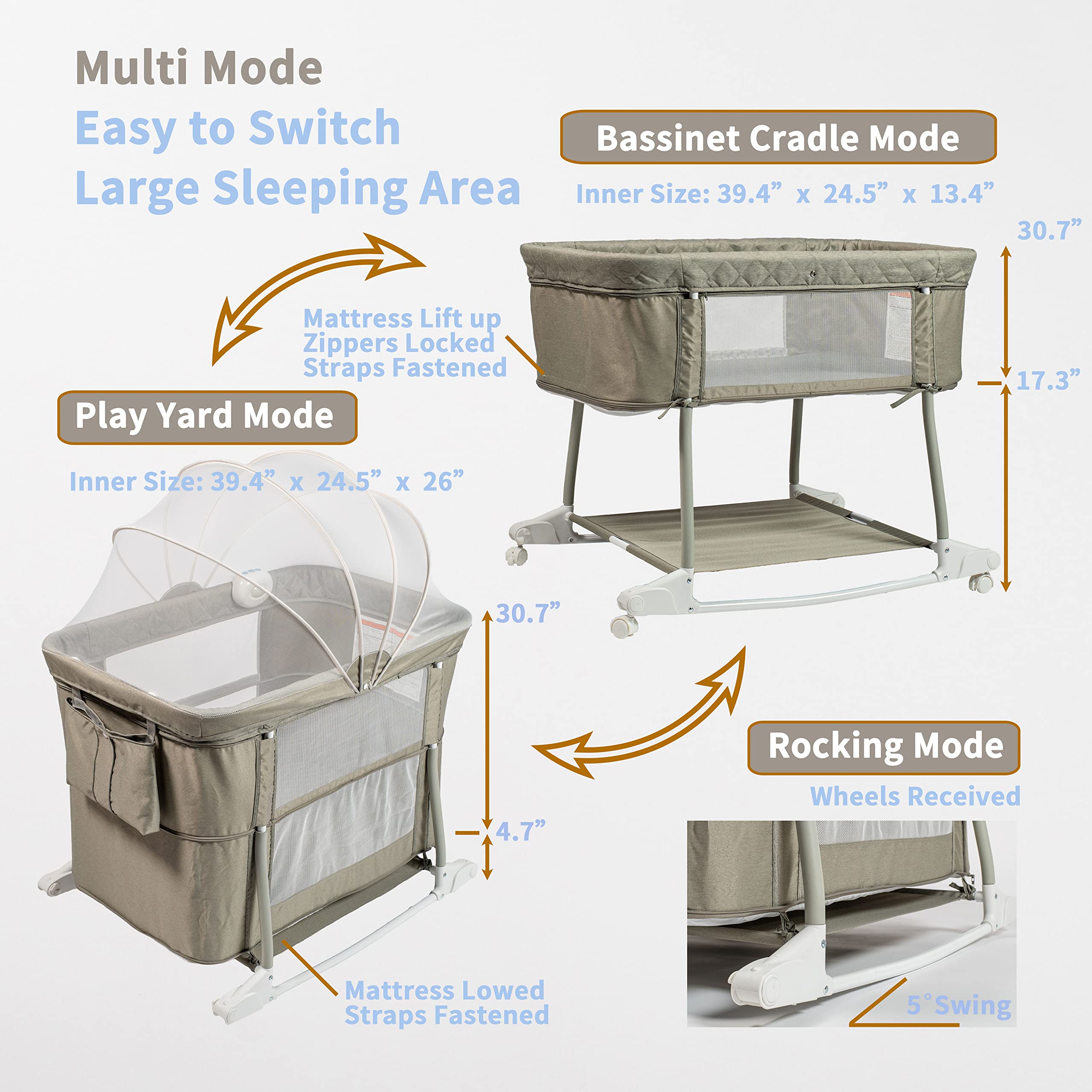 Portable 3-in-1 Baby Bassinet with Wheels - Breathable Mesh Bedside Sleeper, Rocking Crib & Playard with Mosquito Net, Night Light, Vibration & Music Box (Light Grey) - Perfect for Nursery, Bedroom & Travel