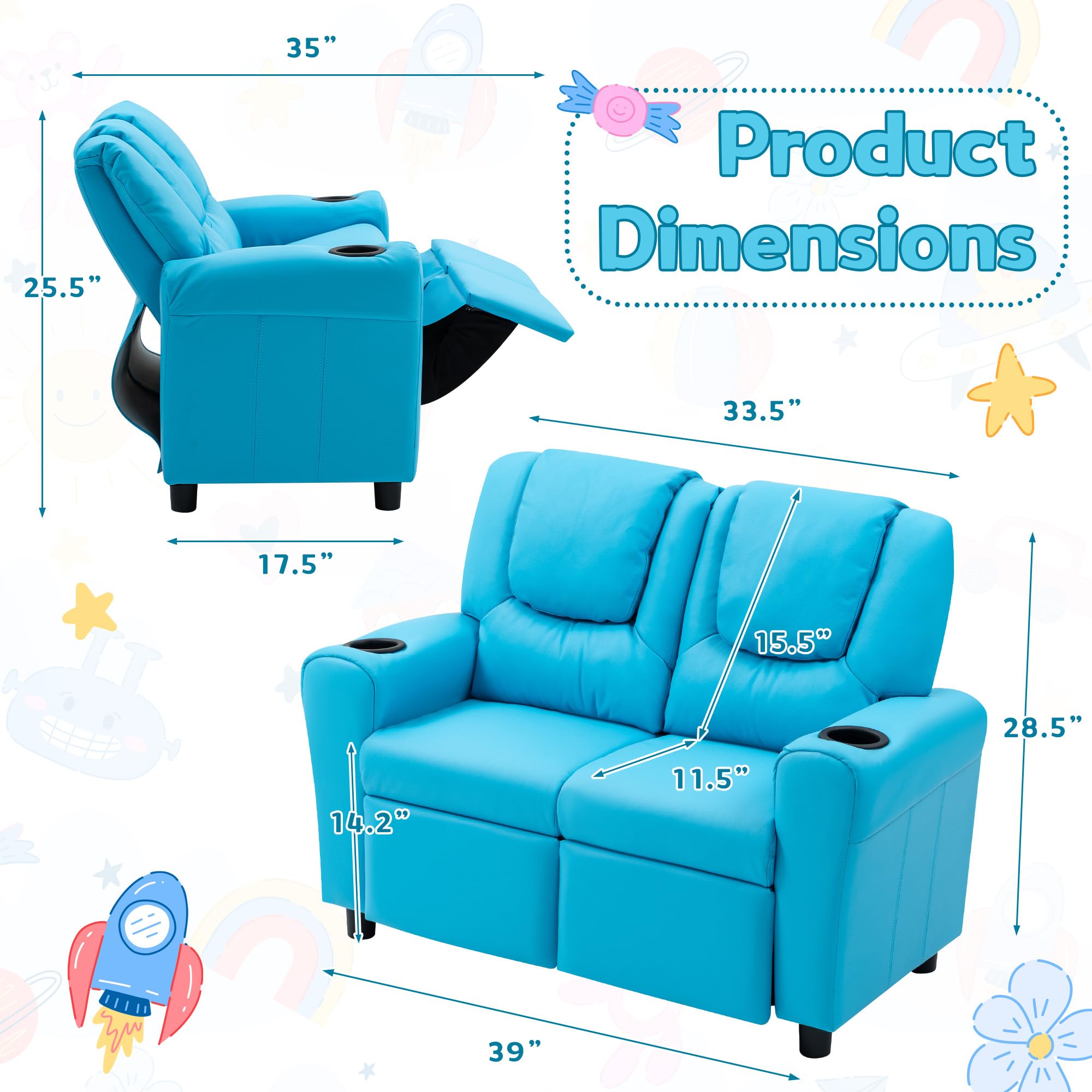 AVAWING Double Toddler Recliner Chair for Kids Age 1-4 - Adjustable Footrest & Headrest, Faux Leather Kids Loveseat Sofa with Cup Holders - Perfect for Playroom, Nursery, or Family Room (Blue)