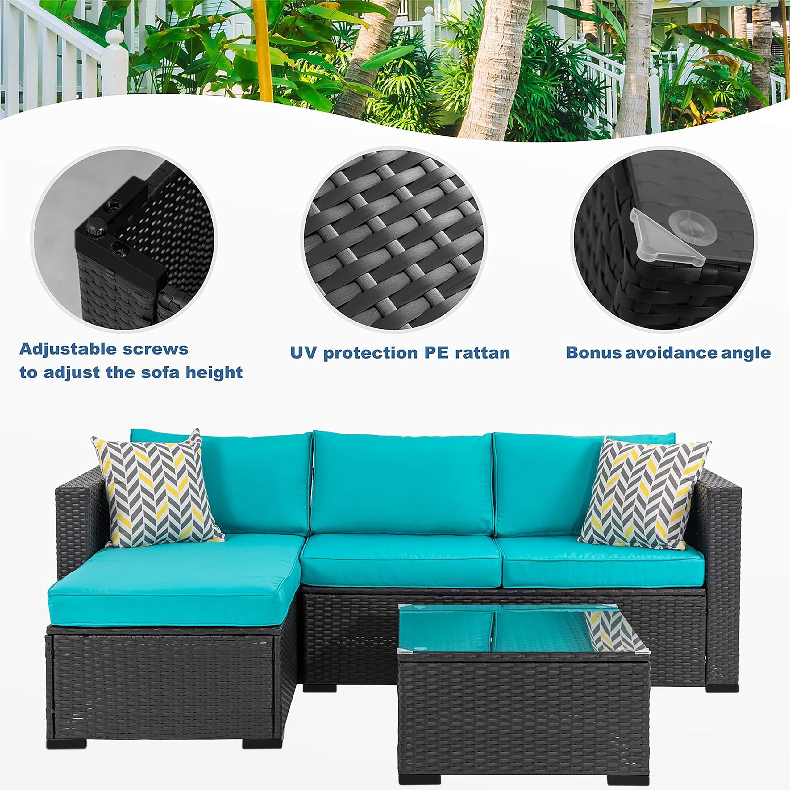 Shintenchi 3-Piece Outdoor Wicker Patio Sofa Set - All-Weather Rattan Sectional with Chaise Lounge, Glass Coffee Table & Washable Blue Cushions - Perfect for Backyard, Garden, Poolside or Balcony Relaxation