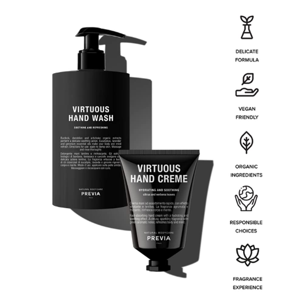 PREVIA Virtuous Soap Set - Lavender & Geranium Scented Hand Wash (16.9 oz) & Moisturizing Hand Cream (1.7 oz) | Vegan, Natural Skincare Duo for Dry Hands | Perfect for Bathroom, Kitchen & Gift Giving