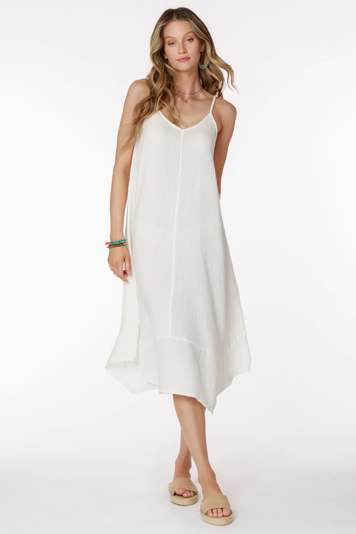 Elegant White V-Neck Cami Midi Handkerchief Dress for Women | Summer Casual & Party Wear | Perfect for Date Nights, Beach Outings, and Special Occasions