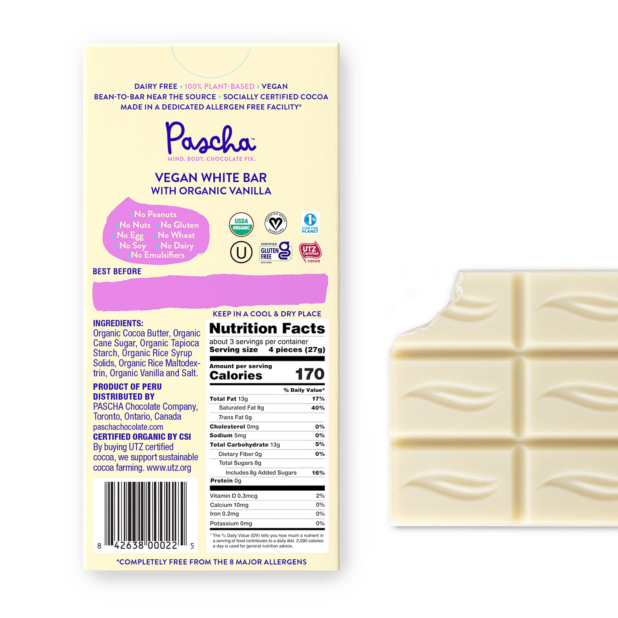 Organic White Chocolate Bars - Pascha Non-GMO, Gluten-Free, UTZ Certified (Pack of 5) | Perfect for Baking, Gifts & Healthy Snacking