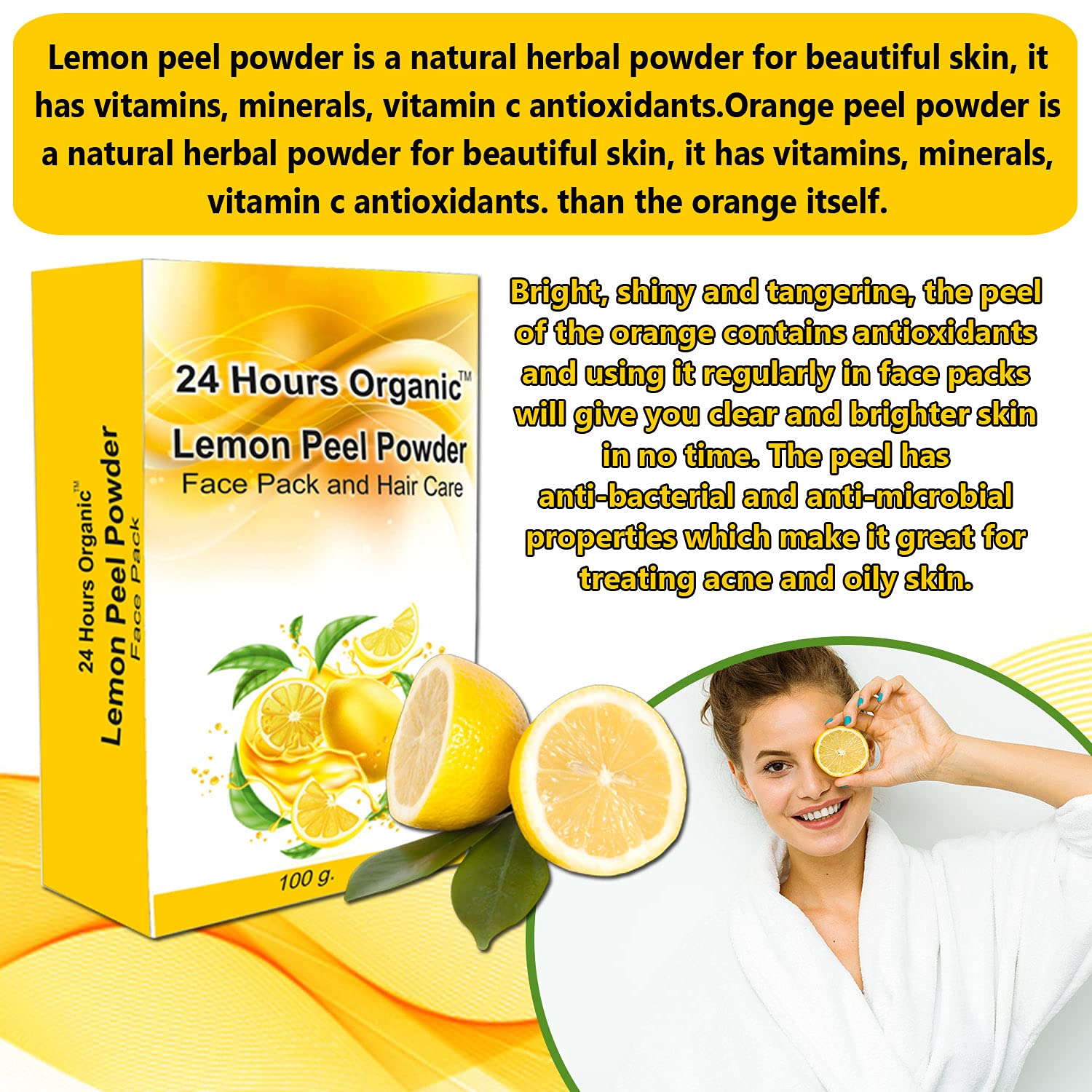 Organic Lemon Peel Powder Face Mask for Glowing Skin - Brightening, Tan Removal, Anti-Acne Treatment - 300g (Pack of 3) with Free Rose Water (180ml Total) - Perfect for Daily Skincare & Spa Nights