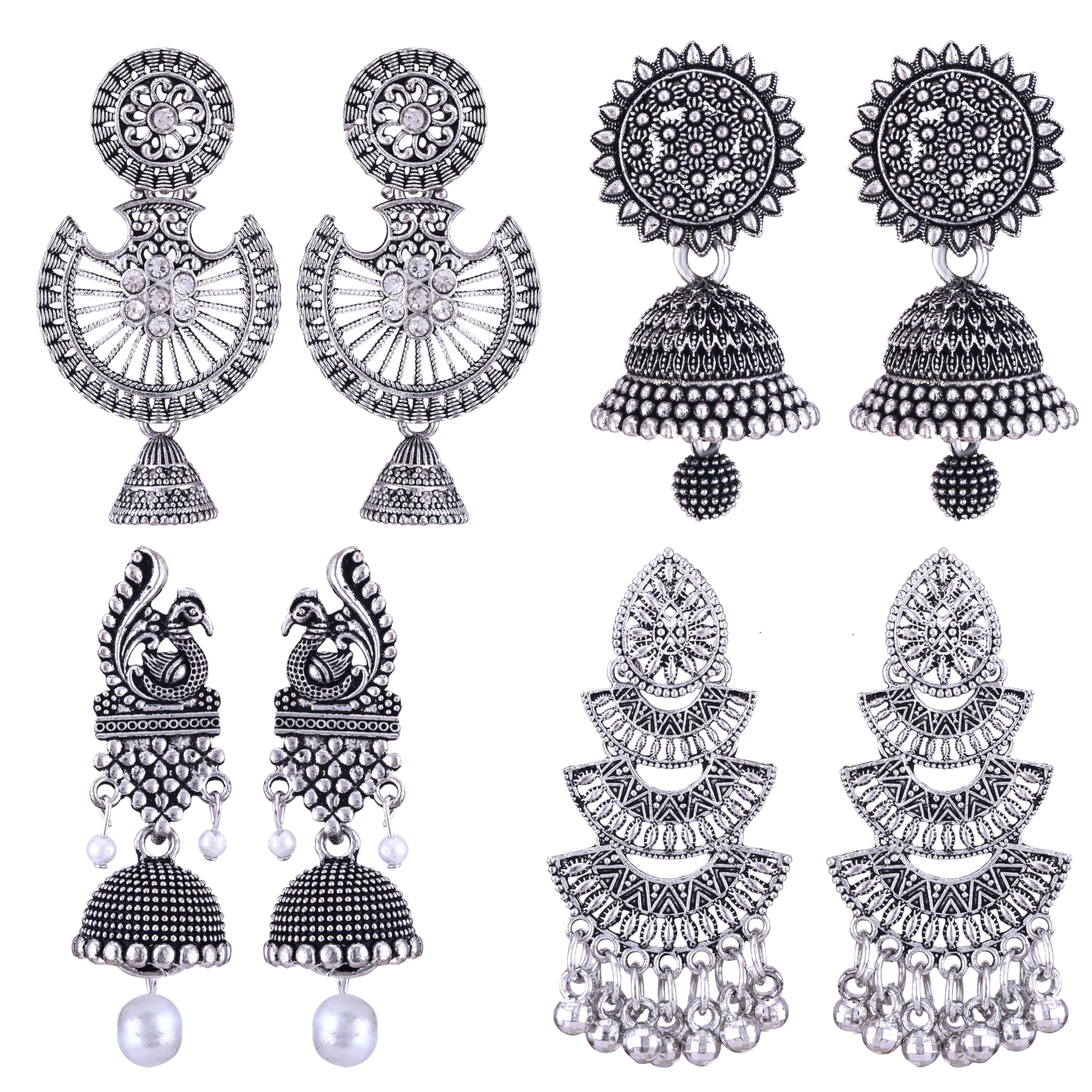 MEENAZ Fashion Oxidized Silver Jhumka Earrings for Women - Traditional South Indian Pearl Chandbali Earrings Set, Stylish Combo for Parties, Weddings & Festive Occasions - M134