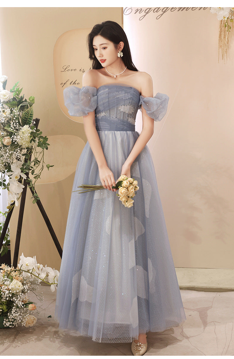 Sparkly Off Shoulder Prom Dress - A-Line Tulle Party Gown with Puff Sleeves | Elegant Blue Evening Gown for Homecoming, Prom Night & Special Occasions