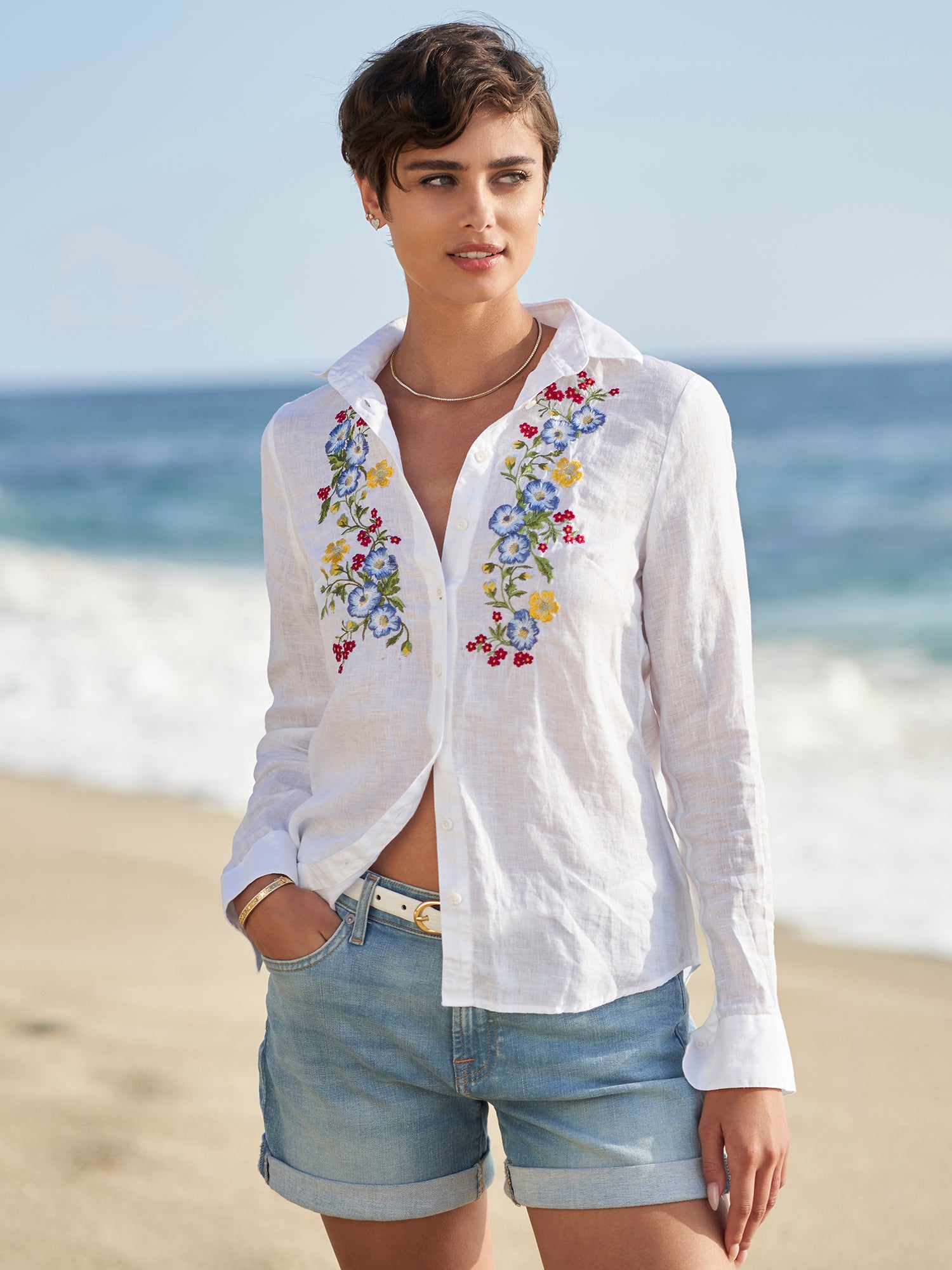 Millie Embroidered Linen Shirt for Women - Breathable Summer Blouse with Floral Embroidery | Perfect for Casual Outings, Beach Vacations & Boho Style Outfits