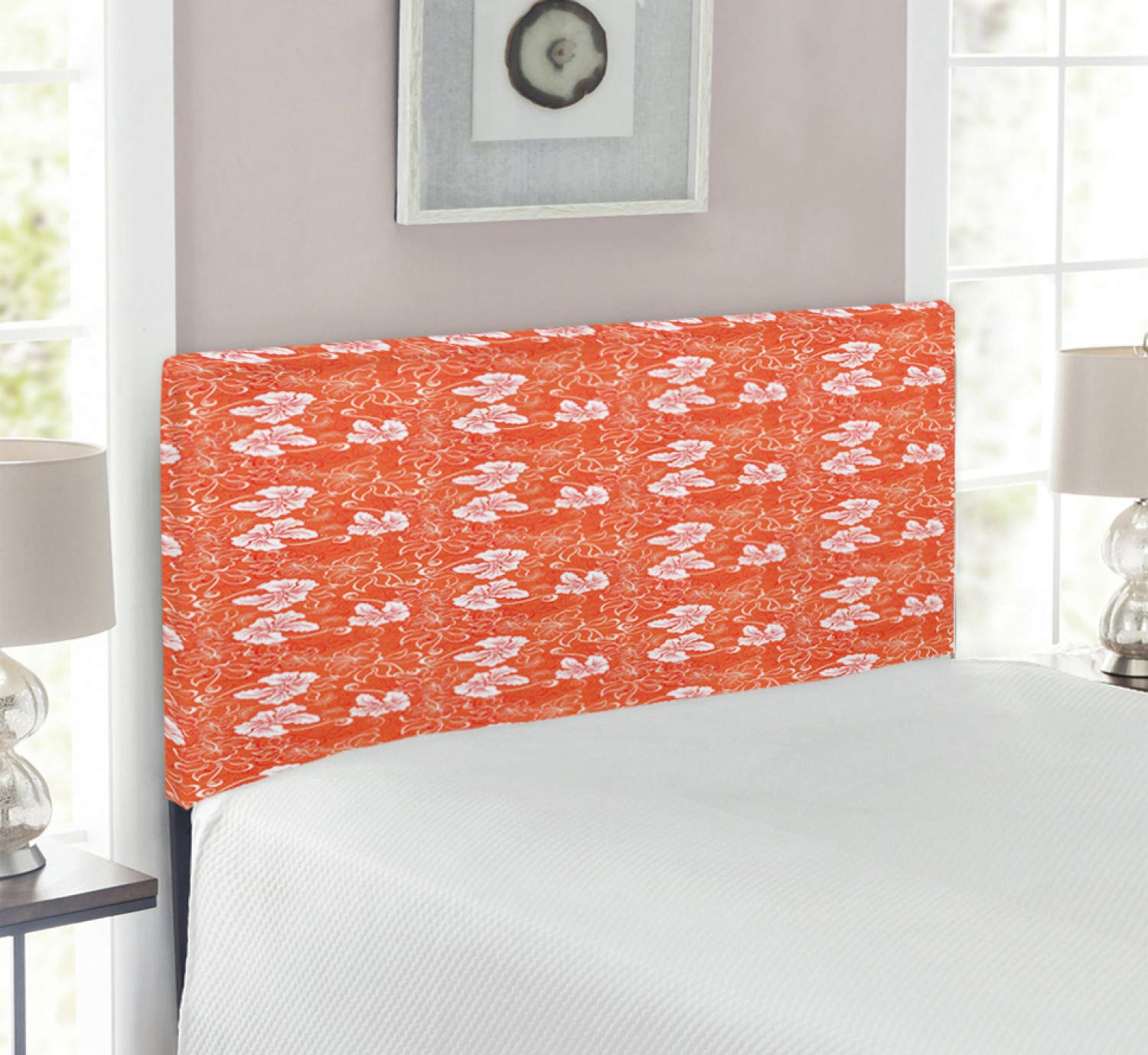 Ambesonne Twin Size Upholstered Metal Headboard with Memory Foam - Burnt Orange & White Hawaiian Hibiscus Swirl Pattern - Decorative Bed Headboard for Modern Bedroom, Guest Room, or Dorm