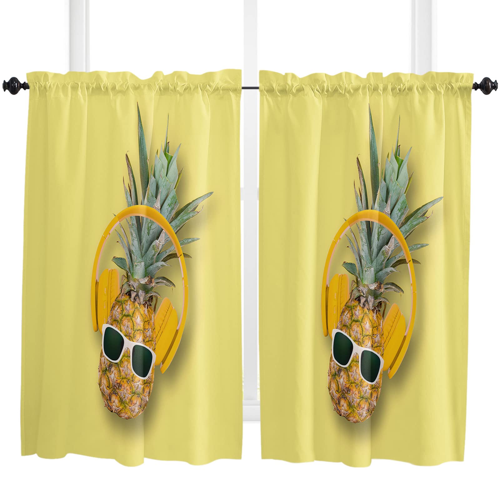 Pineapple Print Short Window Curtains - Set of 2 Panels (27.5x45 inches) - Rod Pocket Kitchen & Room Drapes - Tropical Fruit Design for Windows, Glass Doors & Patio Decor
